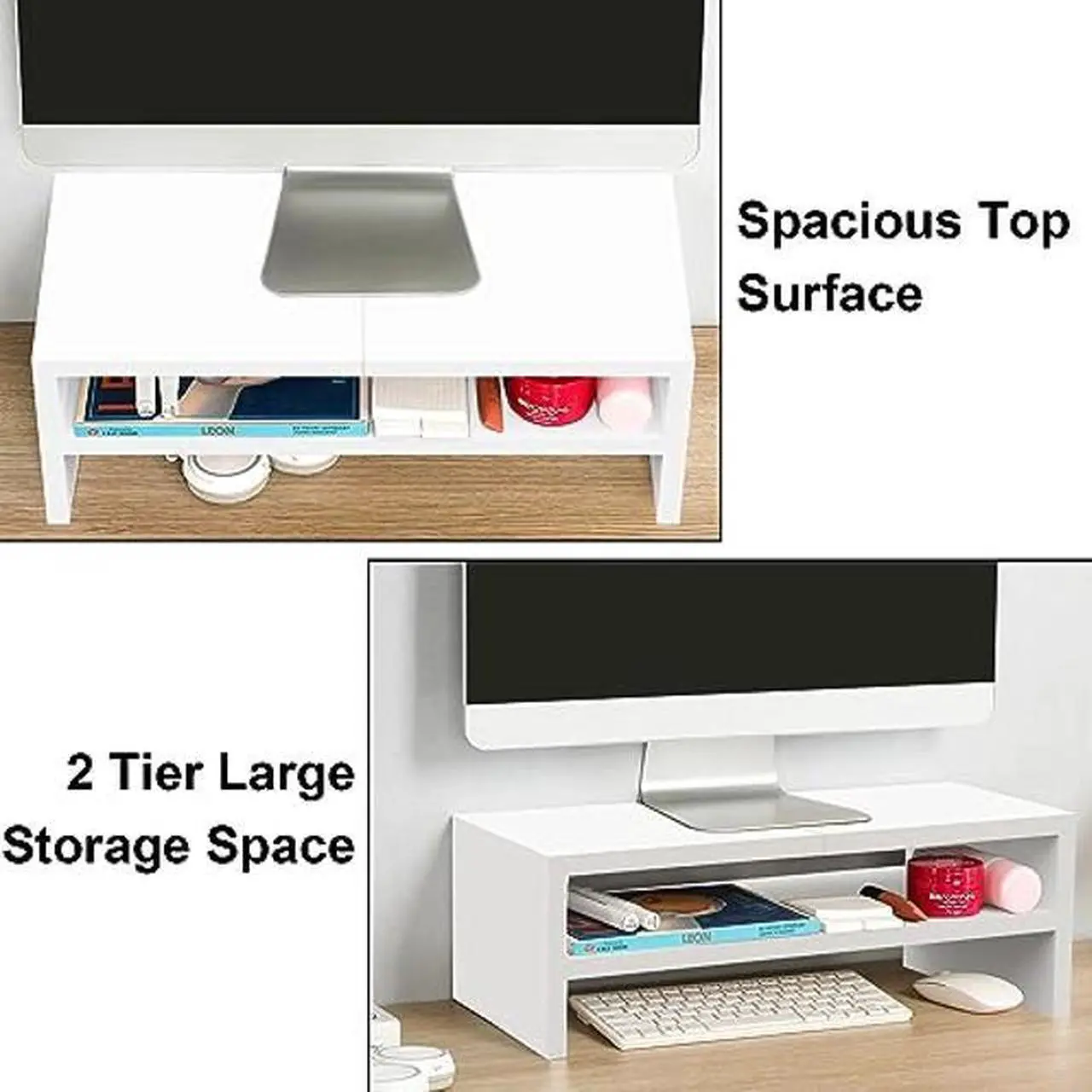 Alt view image 3 of 5 - TEAMIX Wooden Monitor Stand Riser-2 Tier White Laptop Stand for Desk, Monitor Riser for TV/Printer/Keyboard, Computer Stand with Storage Home Office Desk Shelf Organization