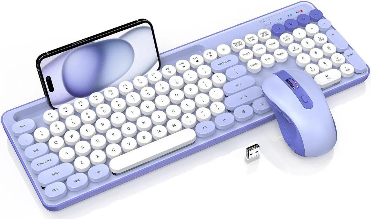 Main image of Wireless Keyboard and Mouse Combo, Retro Round Keycaps, Cute Full-Size Typewriter Keyboard with Phone Holder, Sleep Mode, Click Soft, 2.4GHz Cordless Connection for Windows/PC/Laptop (Purple-Colorful)