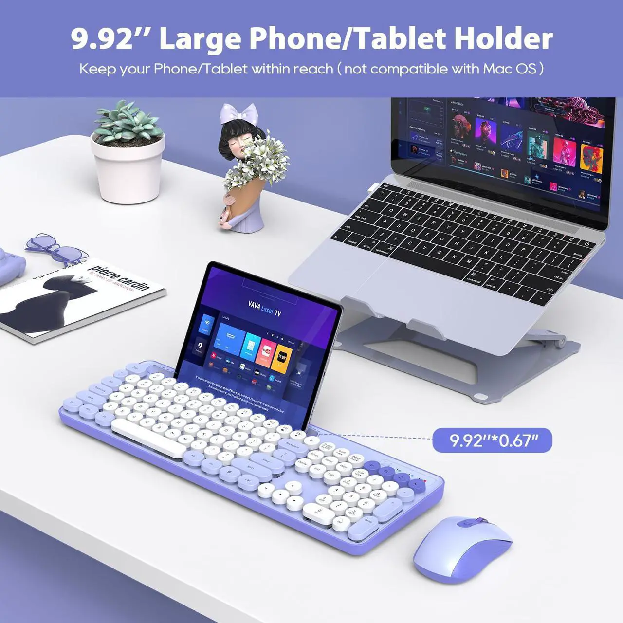 Alt view image 2 of 5 - Wireless Keyboard and Mouse Combo, Retro Round Keycaps, Cute Full-Size Typewriter Keyboard with Phone Holder, Sleep Mode, Click Soft, 2.4GHz Cordless Connection for Windows/PC/Laptop (Purple-Colorful)