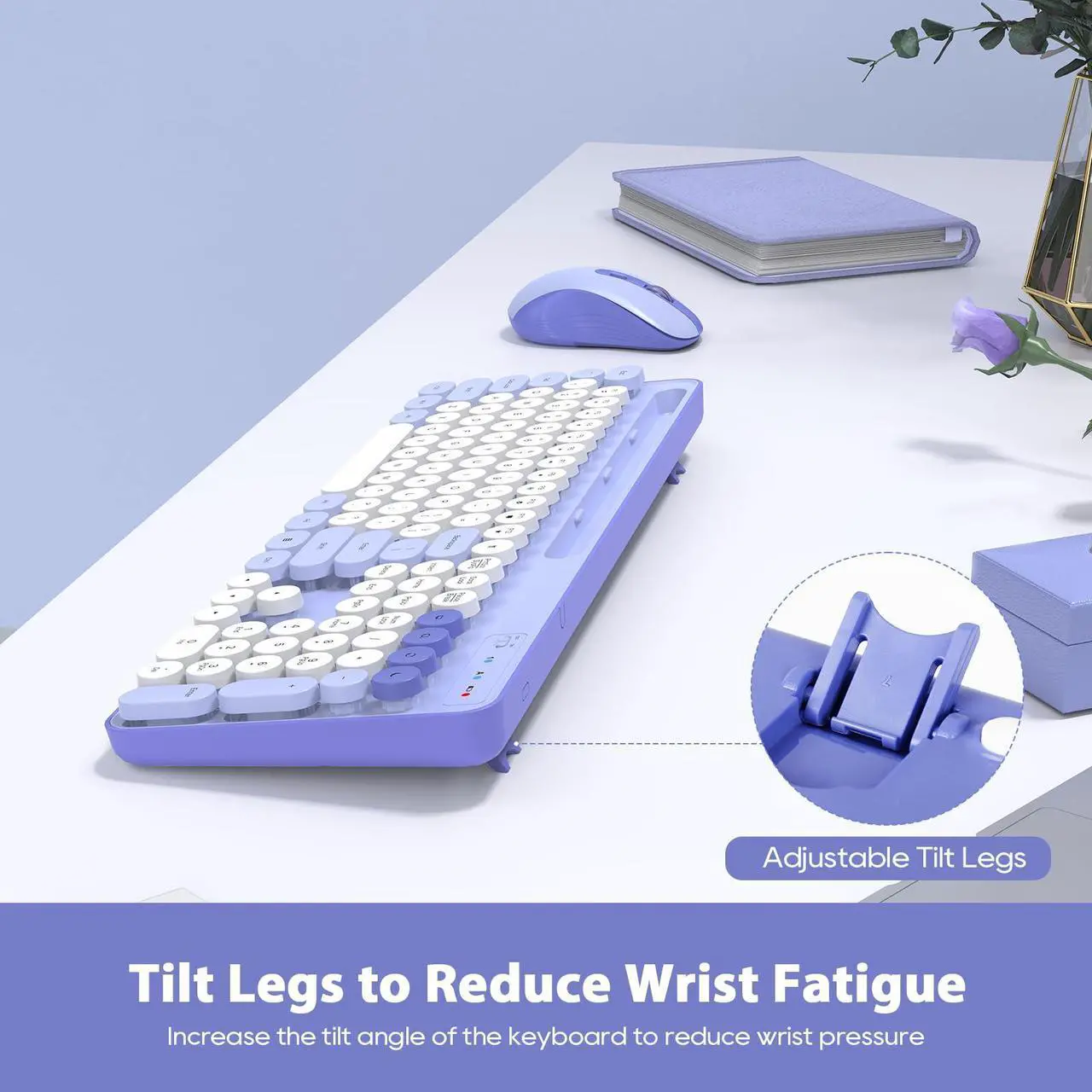 Alt view image 4 of 5 - Wireless Keyboard and Mouse Combo, Retro Round Keycaps, Cute Full-Size Typewriter Keyboard with Phone Holder, Sleep Mode, Click Soft, 2.4GHz Cordless Connection for Windows/PC/Laptop (Purple-Colorful)