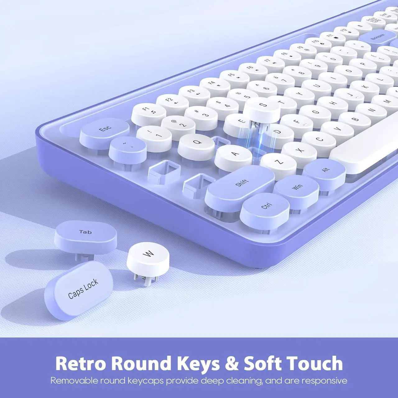 Alt view image 3 of 5 - Wireless Keyboard and Mouse Combo, Retro Round Keycaps, Cute Full-Size Typewriter Keyboard with Phone Holder, Sleep Mode, Click Soft, 2.4GHz Cordless Connection for Windows/PC/Laptop (Purple-Colorful)