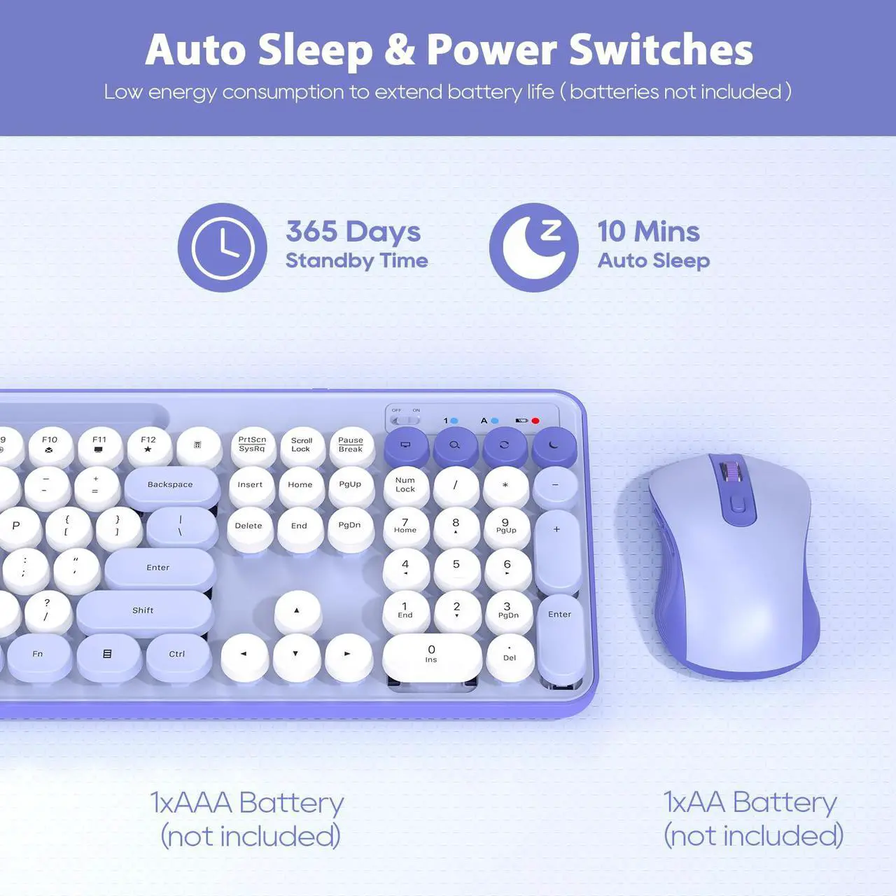 Alt view image 5 of 5 - Wireless Keyboard and Mouse Combo, Retro Round Keycaps, Cute Full-Size Typewriter Keyboard with Phone Holder, Sleep Mode, Click Soft, 2.4GHz Cordless Connection for Windows/PC/Laptop (Purple-Colorful)