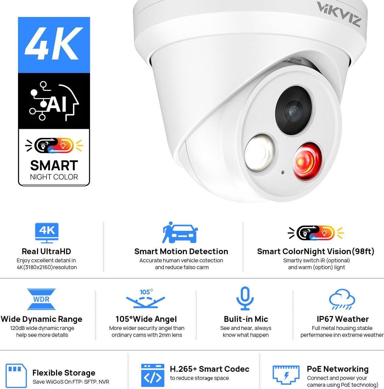 Alt view image 2 of 5 - VIKVIZ 4K PoE IP Camera Outdoor with Mic,8MP Smart Dual Light Security Turret Camera,Human/Vehicle Detection,2.8mm Lens,98FT Color Night Vision,Full Metal Housing,IP67,Compatible for Third-Party NVR