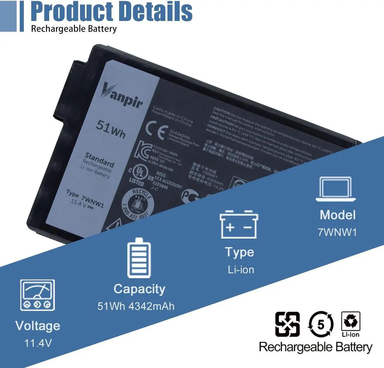 Alt view image 2 of 5 - VANPIR 7WNW1 Laptop Battery, 11.4V 51Wh 4342mAh 3-Cell Compatible with Dell Latitude 7424 5424 5420 Rugged Extreme Series Notebook DMF8C 0DMF8C Black