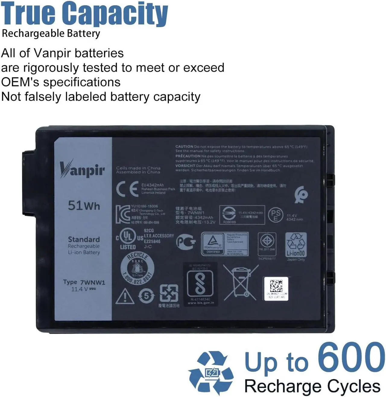 Alt view image 5 of 5 - VANPIR 7WNW1 Laptop Battery, 11.4V 51Wh 4342mAh 3-Cell Compatible with Dell Latitude 7424 5424 5420 Rugged Extreme Series Notebook DMF8C 0DMF8C Black