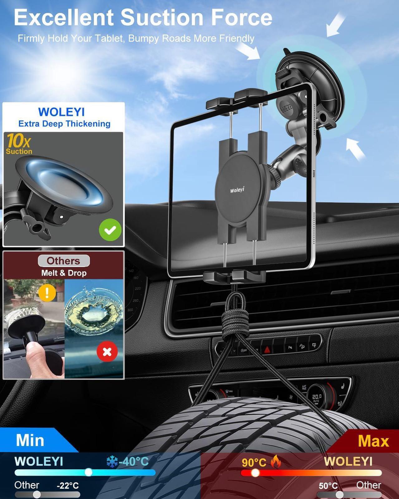 Alt view image 3 of 5 - woleyi Car Tablet Holder Windshield - [95mm Strongest Suction Cup] Window Dashboard Car Tablet Mount for Trucks/Vehicles with 1/4'' Screw Tip, for 4-12.9" iPad Pro Air Mini, Galaxy Tab, iPhone, Camera
