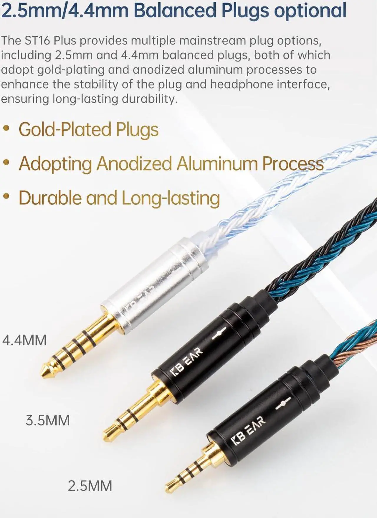 Alt view image 5 of 5 - 2m Length MMCX Cable, in ear Monitors Cable, KBEAR st16 Plus Upgrade iem Cable, Replacement Earphone Cable 16 Core Single Crystal Copper Silver Plated Wire for TIN Audio T2 T3 Shure (mmcx, 4.4mm plug)