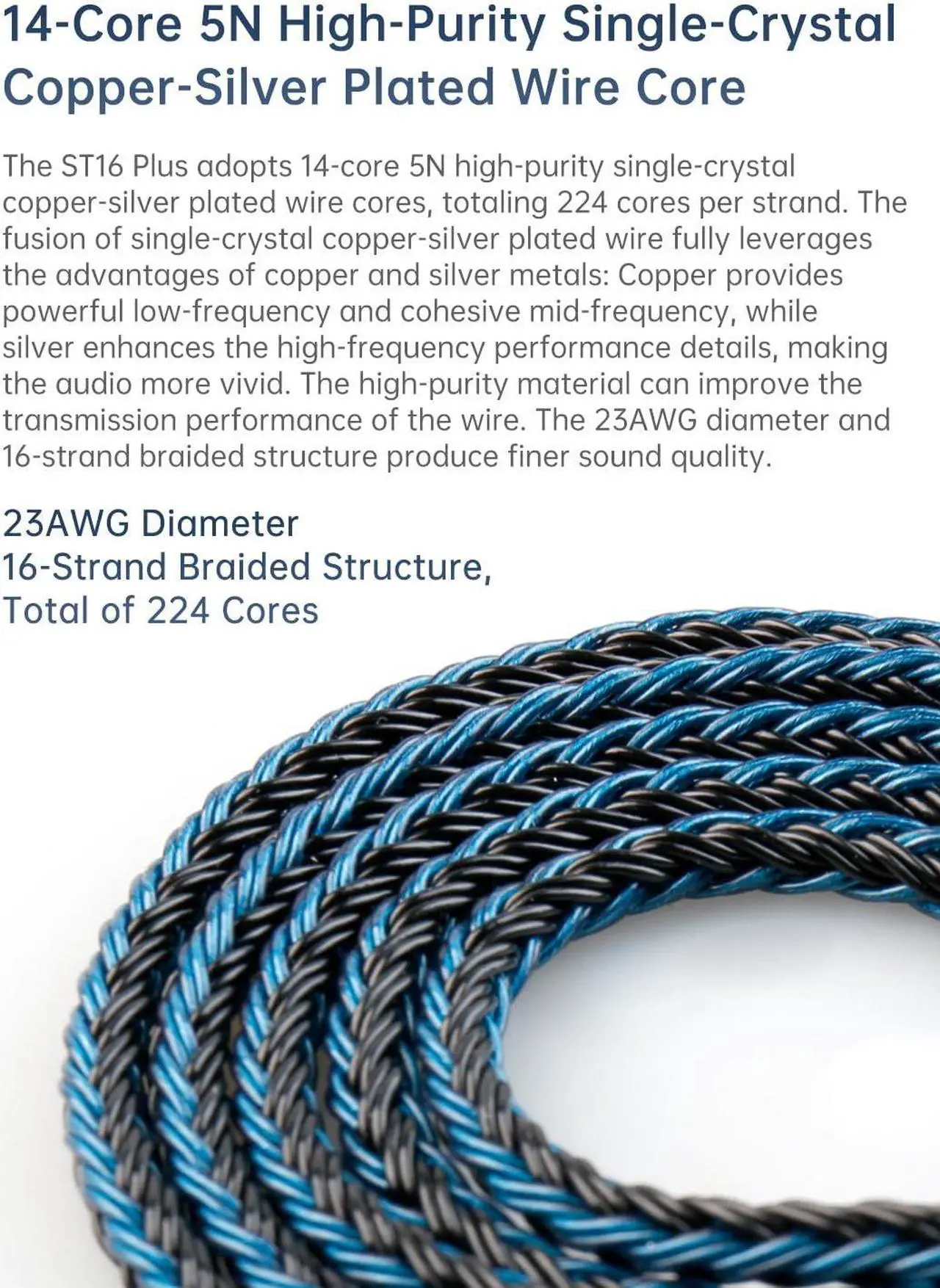 Alt view image 4 of 5 - 2m Length MMCX Cable, in ear Monitors Cable, KBEAR st16 Plus Upgrade iem Cable, Replacement Earphone Cable 16 Core Single Crystal Copper Silver Plated Wire for TIN Audio T2 T3 Shure (mmcx, 4.4mm plug)