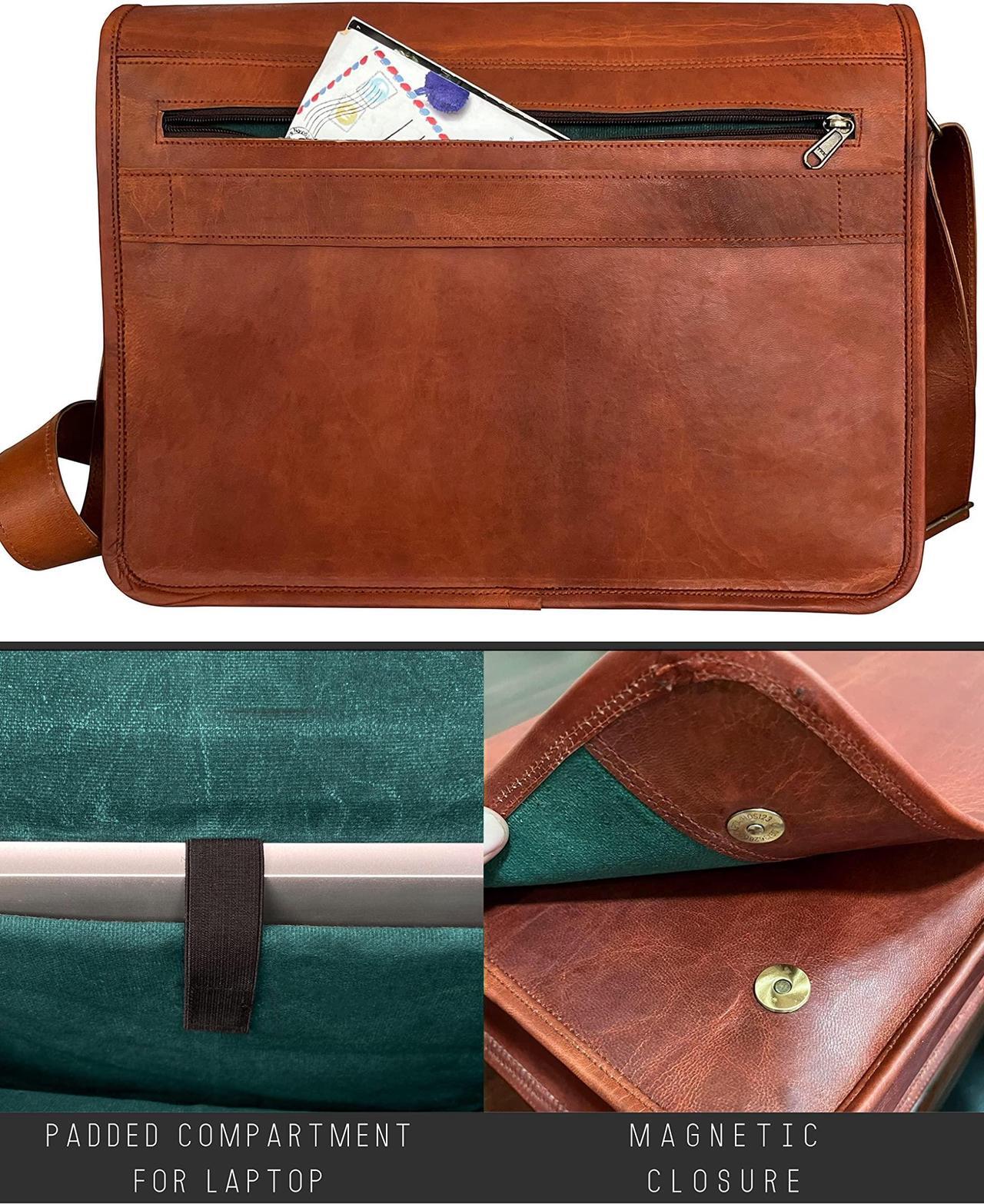 Alt view image 3 of 5 - RUSTIC TOWN 14 inch Vintage Crossbody Full Grain Leather 13.3-inch Laptop Messenger Bag Gifts for Him Her (Medium, Brown)