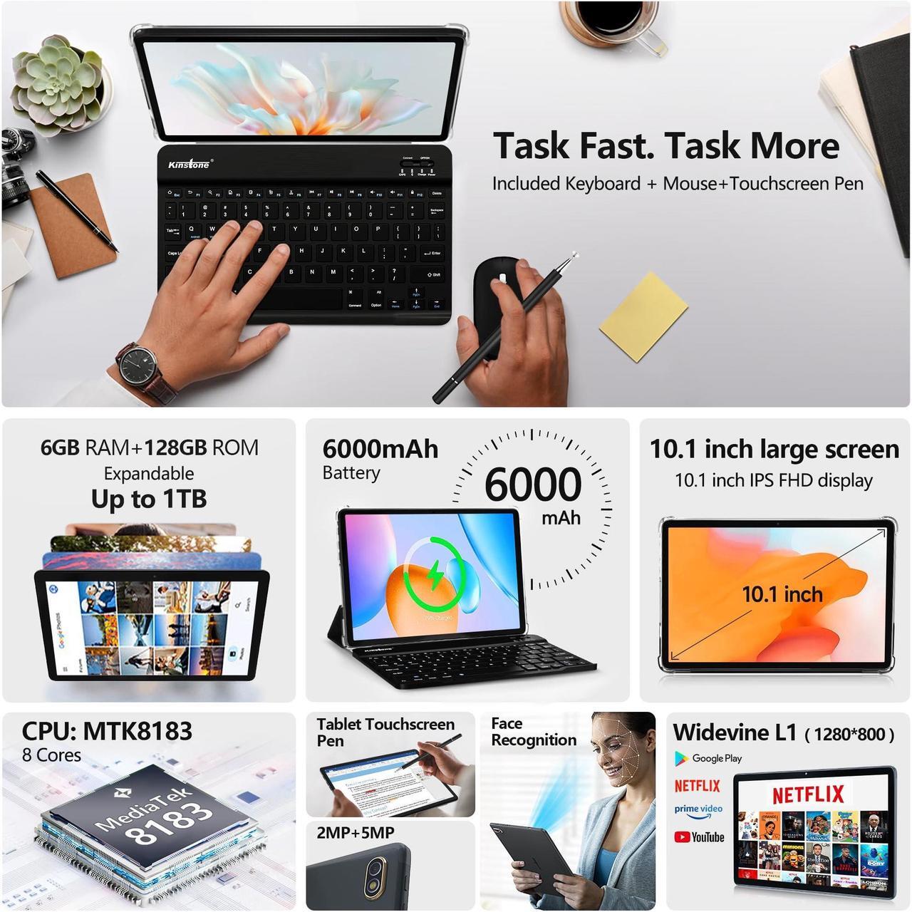Alt view image 2 of 5 - Tablet 2024 Newest 10.1 Inch Android 12 Tablet with Keyboard, 6GB RAM, 128GB ROM, 1TB Expansion, 2 In 1 Octa-Core Tablet, 5G Wifi & 2.4G Wifi, 6000 mAh Battery, Dual Cameras, Bluetooth/Mouse/Case/GPS