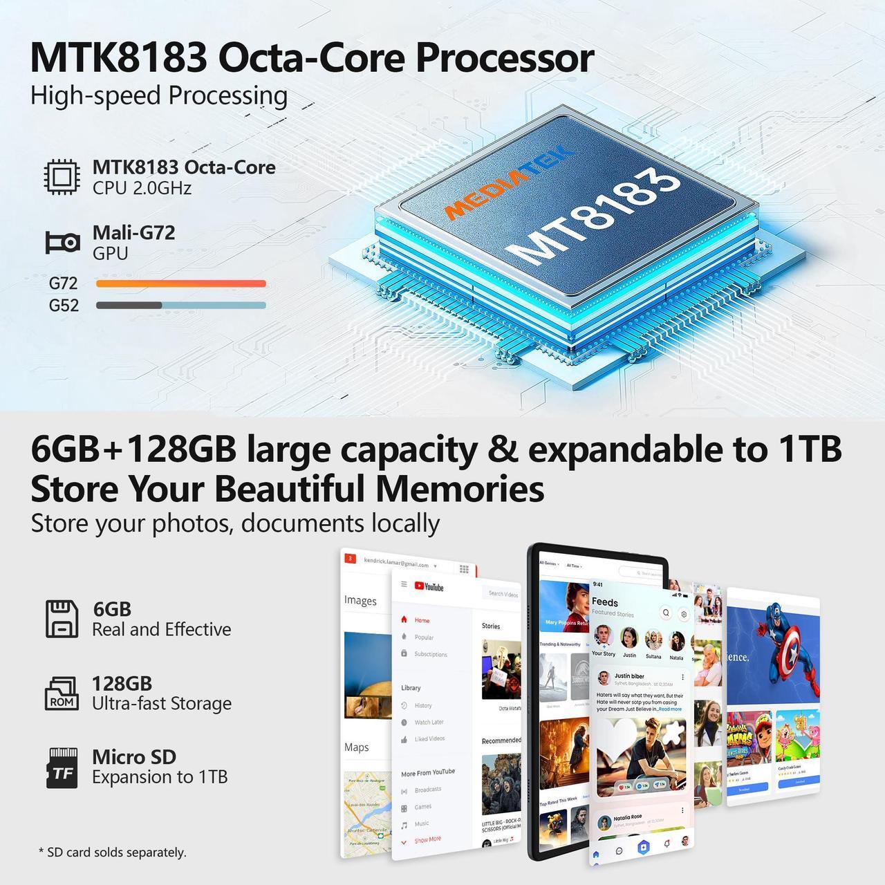 Alt view image 3 of 5 - Tablet 2024 Newest 10.1 Inch Android 12 Tablet with Keyboard, 6GB RAM, 128GB ROM, 1TB Expansion, 2 In 1 Octa-Core Tablet, 5G Wifi & 2.4G Wifi, 6000 mAh Battery, Dual Cameras, Bluetooth/Mouse/Case/GPS