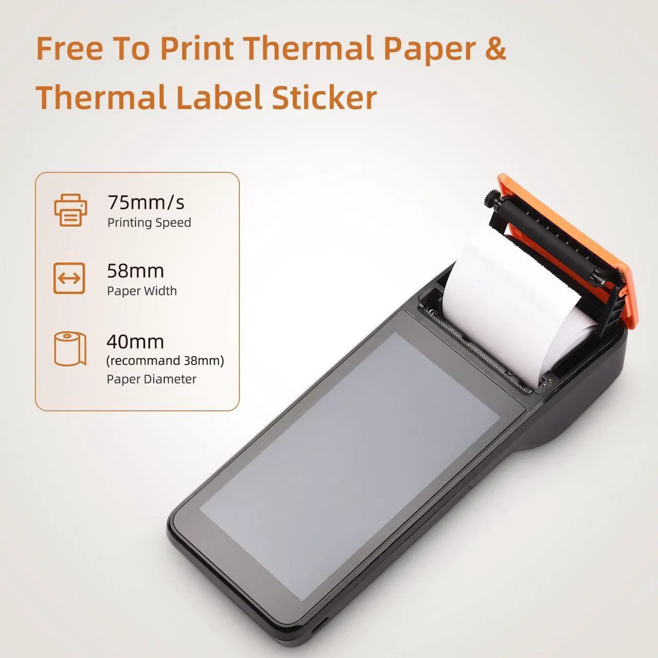 Alt view image 5 of 5 - Sunydog Handheld 3G POS Receipt Printer Android 8.1 1D/2D Barcode Scanner PDA Terminal Support 3G WiFi BT Communication with 5.0 Inch Touchscreen 58mm Width Thermal Label Printing for Supermarket