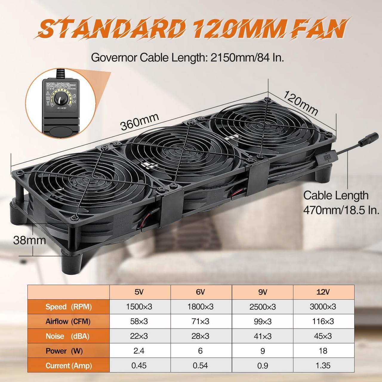 Alt view image 2 of 5 - WDERAIR 3 x 120mm Big Airflow Computer Fan AC 110V 120V 220V 240V for Chassis Cabinet Cooling Server CPU Mining Rig Ventilation Window Exhaust Project (12038)