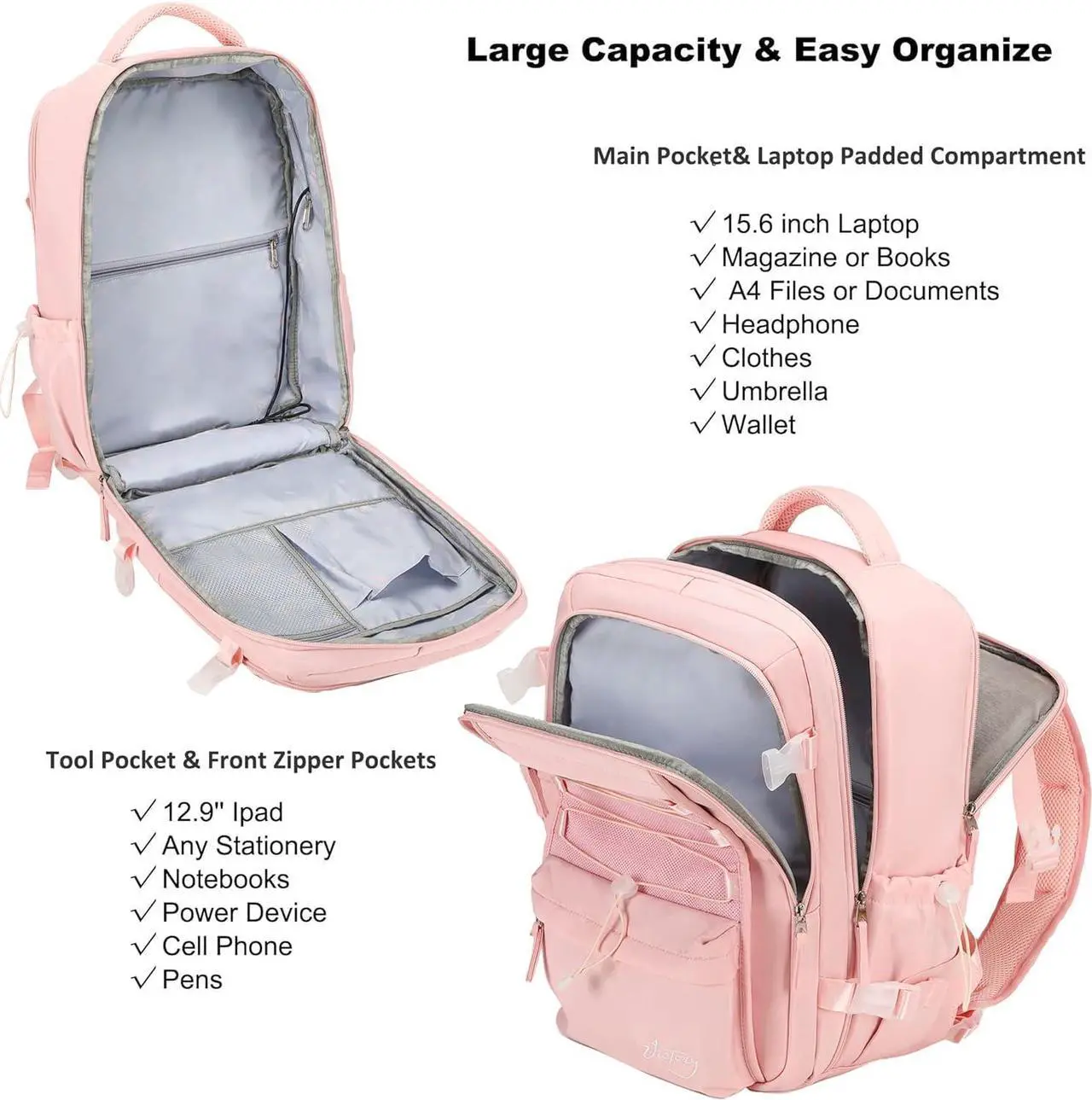 Alt view image 3 of 5 - Travel Backpack for Women Men 15.6 Inch Laptop Backpacks with USB Port Carry on Bag Airline Approved Large College School Bookbags Waterproof Work Business Sport Rucksack Casual Daypack (Pink)