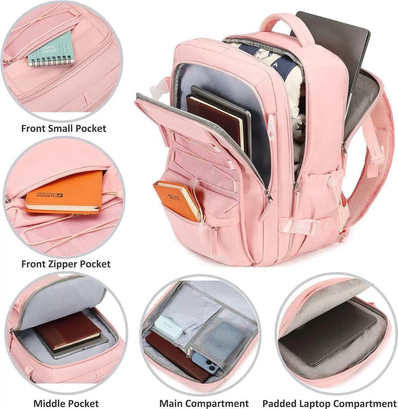 Alt view image 4 of 5 - Travel Backpack for Women Men 15.6 Inch Laptop Backpacks with USB Port Carry on Bag Airline Approved Large College School Bookbags Waterproof Work Business Sport Rucksack Casual Daypack (Pink)