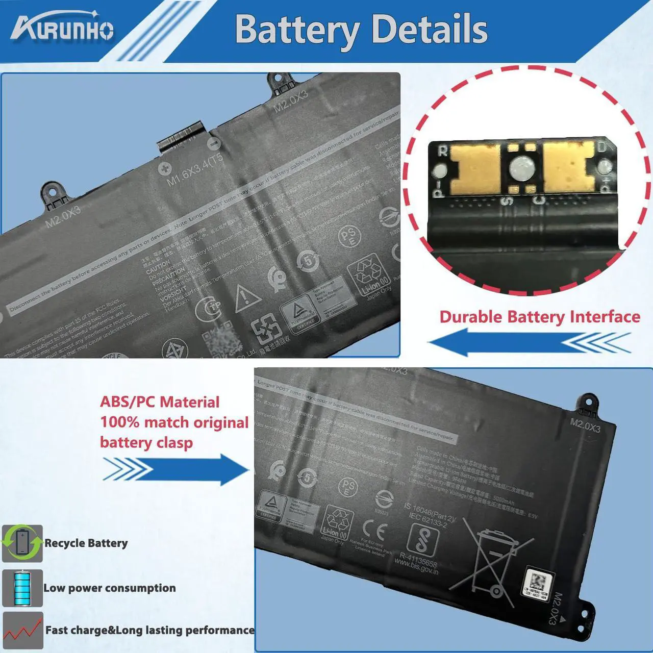 Alt view image 3 of 5 - AURUNHO 9F4FN Laptop Battery Replacement for Dell Latitude 7320 Detachable T04H T04H001 Series 2VKW9 7.6V 40Wh 5263mAh