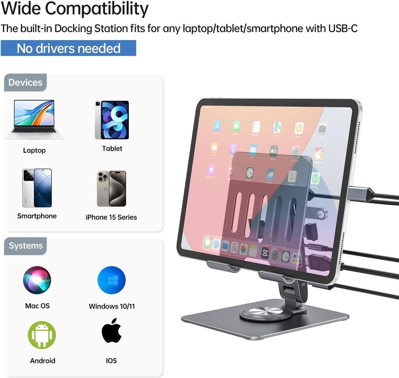 Alt view image 4 of 5 - HC Universal Docking Station for iPad Mini Air Pro Galaxy Tab iPhone Adjustable 7-in-1 USB Hub 360degRotatable iPad Stand with USB C Hub 12.9 inch 4K HDMI USB 3.0 PD 100W 3.5mm Audio SD/TF Card Reader