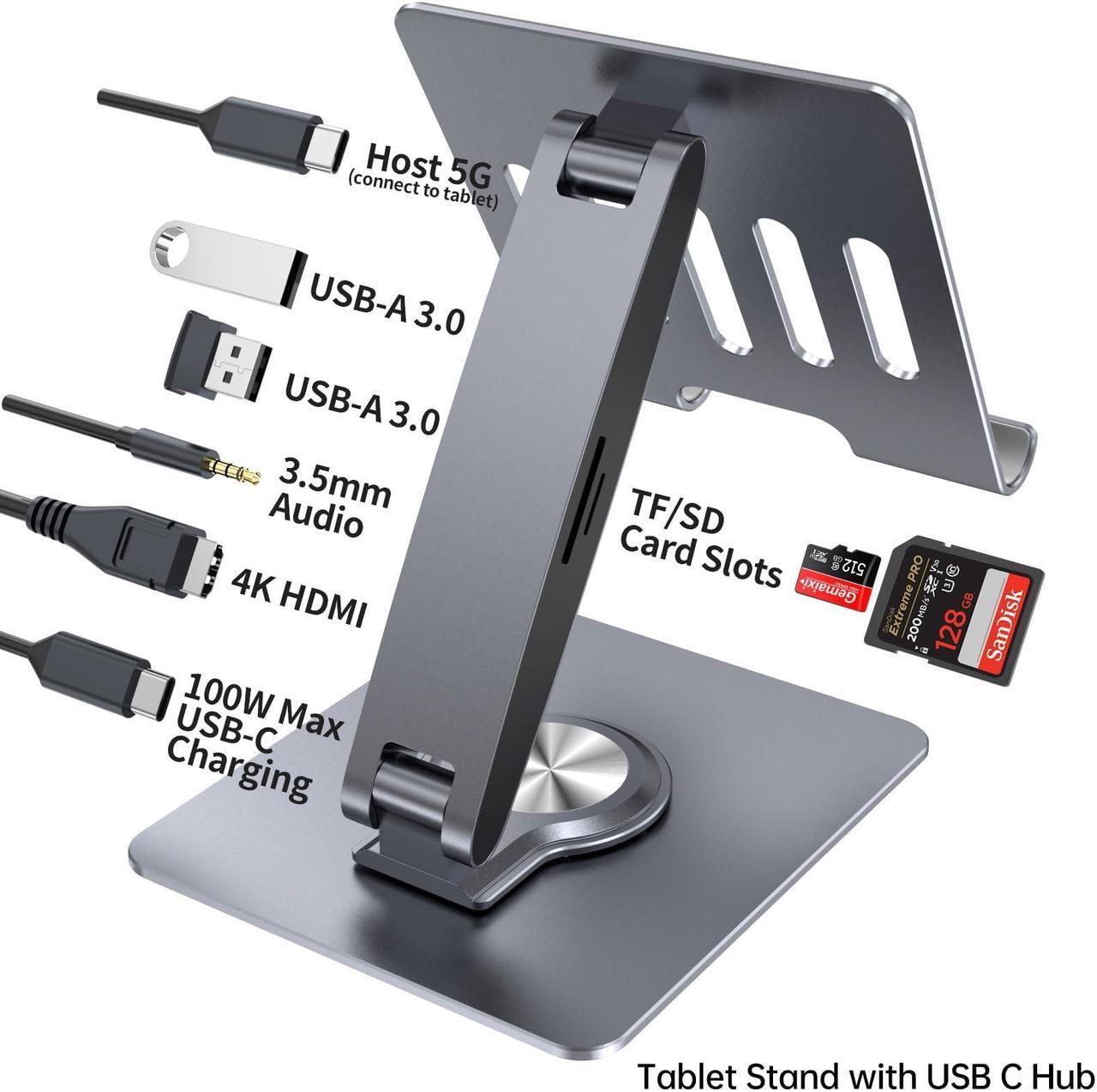 Alt view image 2 of 5 - HC Universal Docking Station for iPad Mini Air Pro Galaxy Tab iPhone Adjustable 7-in-1 USB Hub 360degRotatable iPad Stand with USB C Hub 12.9 inch 4K HDMI USB 3.0 PD 100W 3.5mm Audio SD/TF Card Reader
