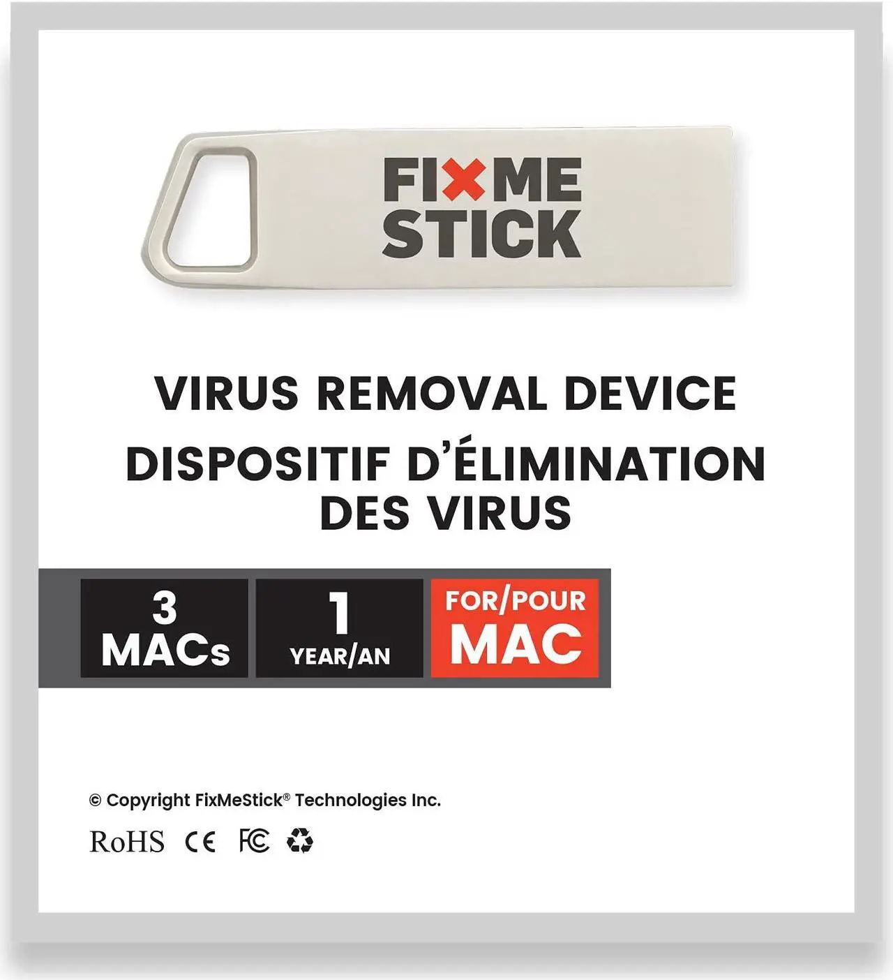 Main image of FixMeStick Computer Virus Removal Stick for Apple Macs - Unlimited Use on Up to 3 Apple Laptops or Desktops for 1 Year - Works with Your Antivirus
