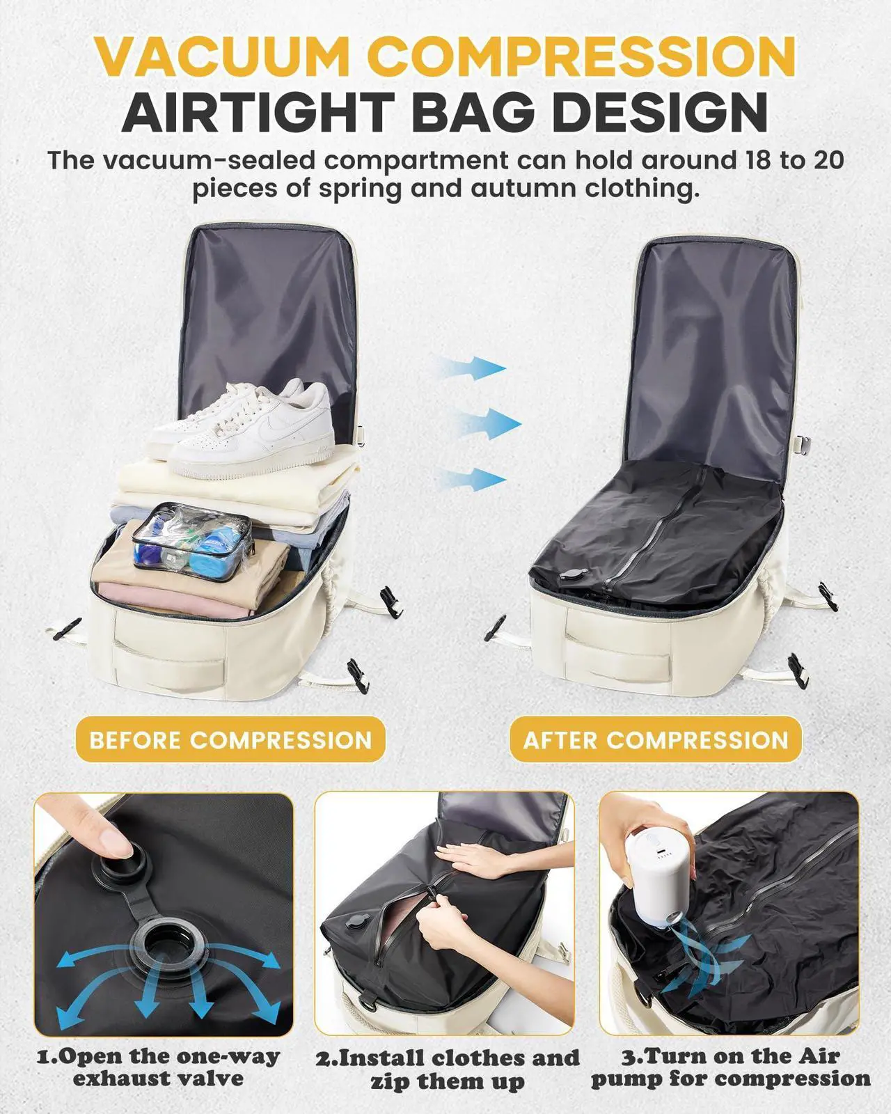 Alt view image 4 of 5 - BOXSAM Large Vacuum Travel Backpack with Pump for Women,Airback Personal Item Carry on Backpacks Flight Approved 18x14x8 inches for Men,Laptop Waterproof Work Compression bags Casual Daypack,Beige