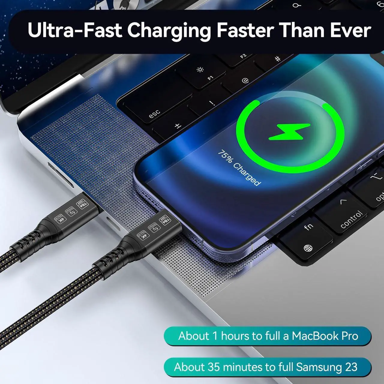 Alt view image 3 of 5 - ConnBull Thunderbolt 4 Cable Long 16.4FT Supports 100W Charging Compatible with Thunderbolt 3/ USB4 Monitor, MacBook etc