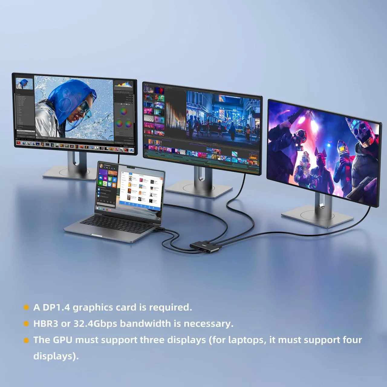 Alt view image 2 of 5 - Loryi 3-Port Displayport Splitter,DP1.4 to 3xDP Multi-Monitor Splitter,Single 8K, Dual 4K 120Hz,MST Displayport hub 1 in 3 Out,Windows Only