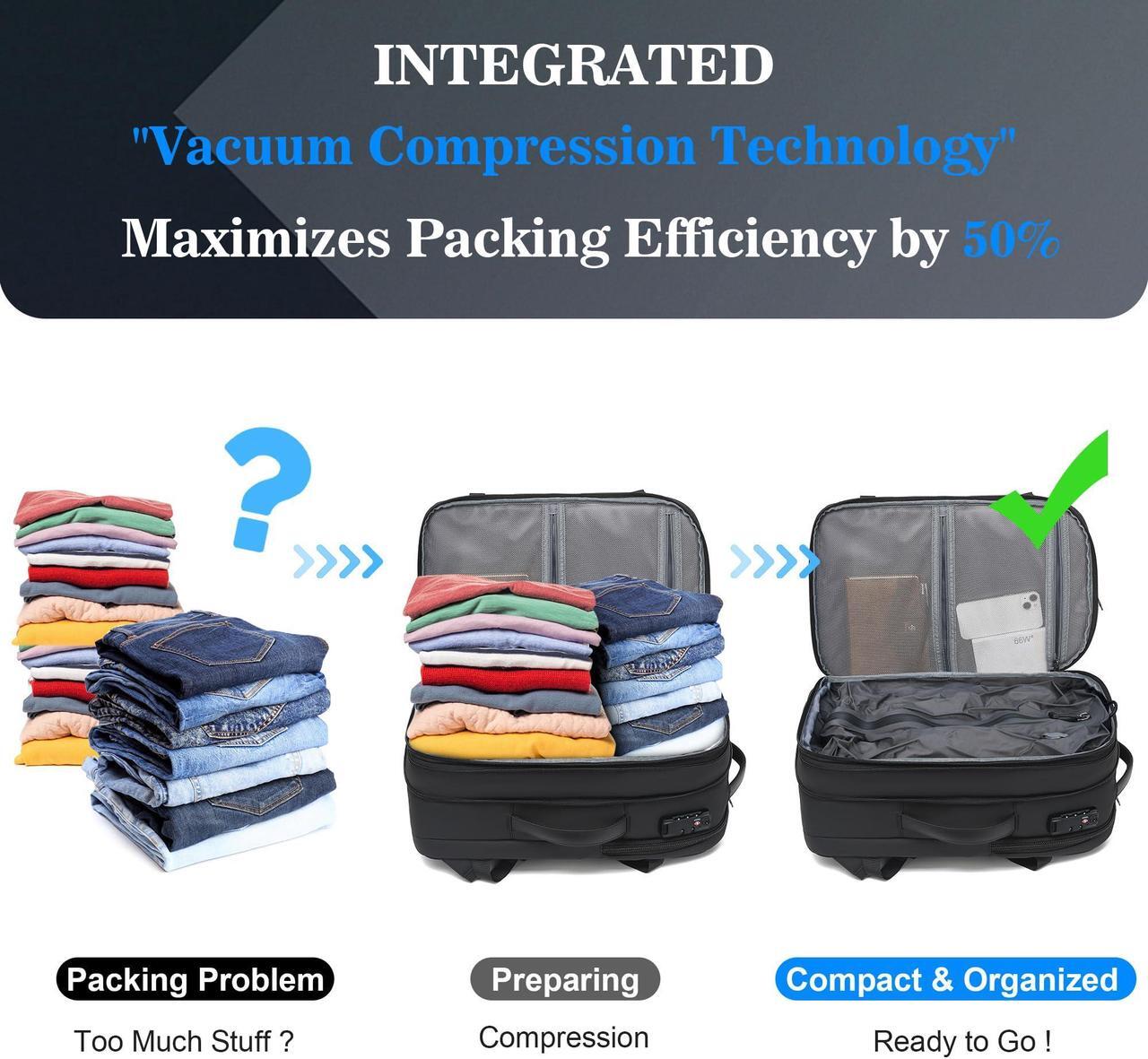 Alt view image 2 of 5 - P POSO Airback Backpack 55L Expandable Vacuum Backpack for Travel, Portable Compression Carry-On Vacuum Bags, Waterproof, Ideal for Laptop/Travel/Business/College/Camping, without Electric Pump Black