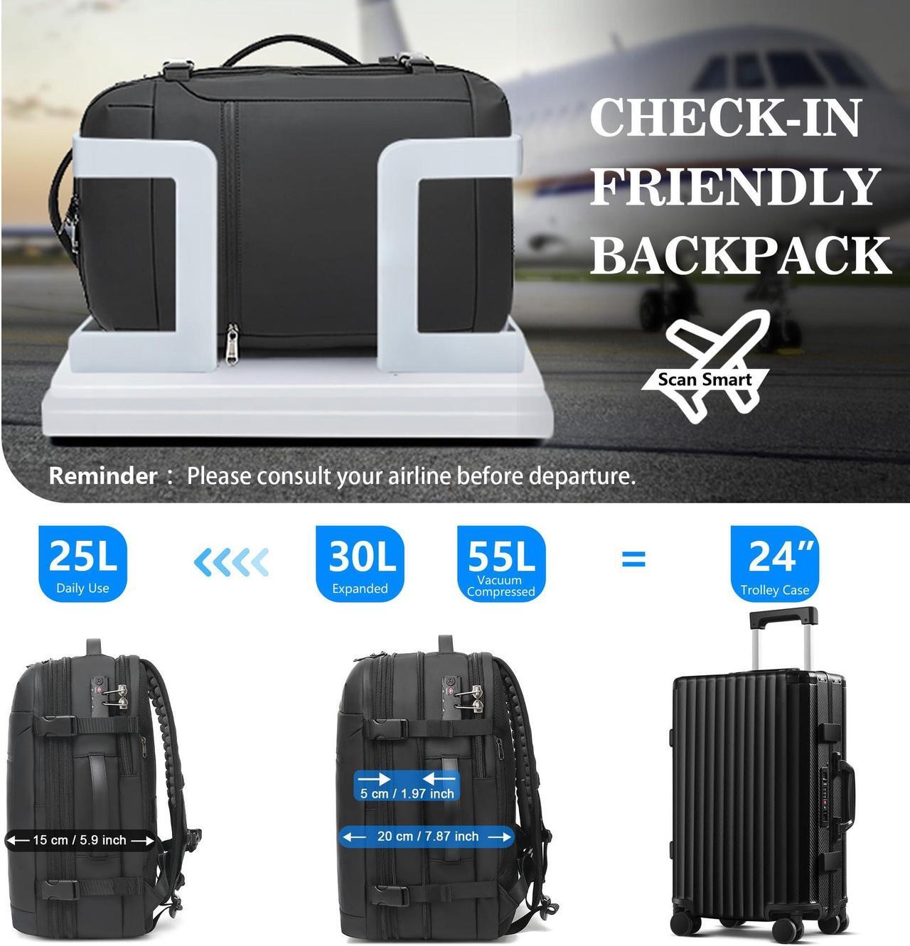 Alt view image 3 of 5 - P POSO Airback Backpack 55L Expandable Vacuum Backpack for Travel, Portable Compression Carry-On Vacuum Bags, Waterproof, Ideal for Laptop/Travel/Business/College/Camping, without Electric Pump Black