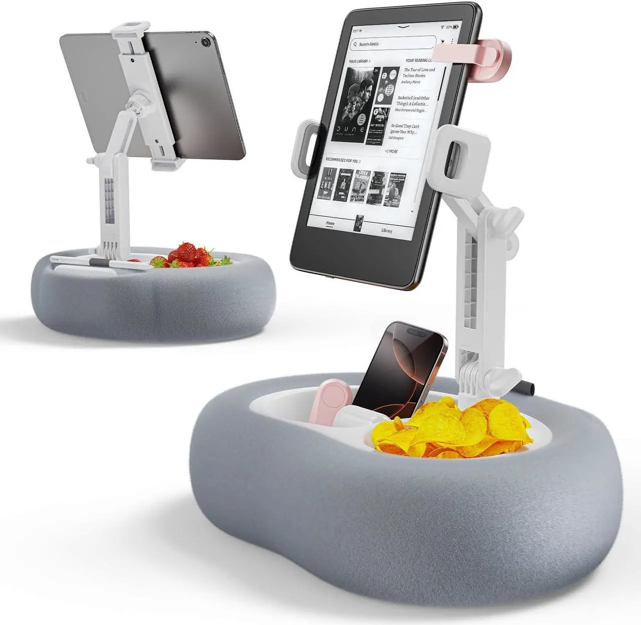 Main image of TAZENI Tablet Kindle Pillow Stand Holder with 2 Trays Fit 4''-13'' Phone/Tablet/Kindle Tablet iPad Holder Stand for Bed with Soft Plus Fabric Kindle/Tablet Accessories Gift for Reading,Gray