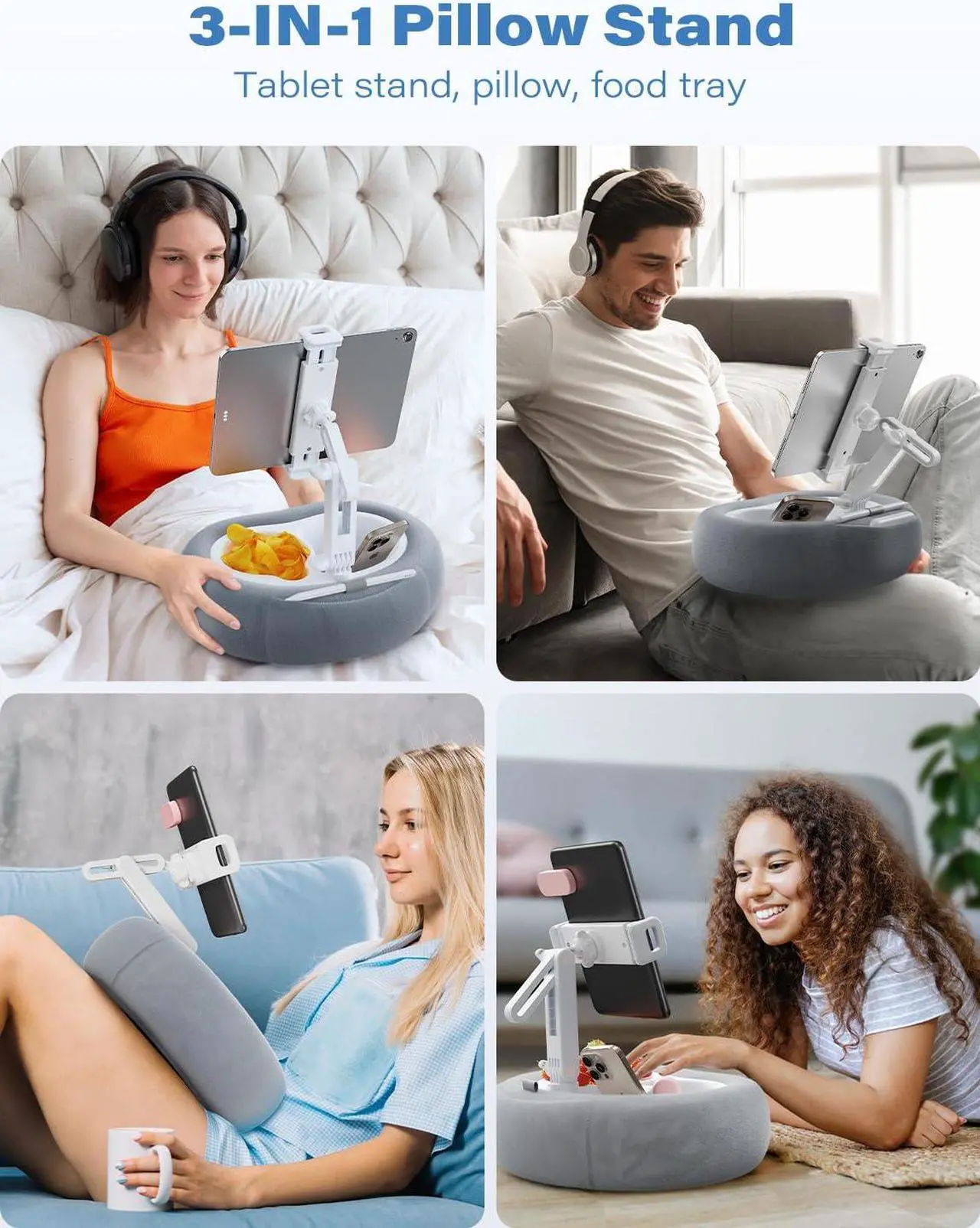 Alt view image 2 of 5 - TAZENI Tablet Kindle Pillow Stand Holder with 2 Trays Fit 4''-13'' Phone/Tablet/Kindle Tablet iPad Holder Stand for Bed with Soft Plus Fabric Kindle/Tablet Accessories Gift for Reading,Gray