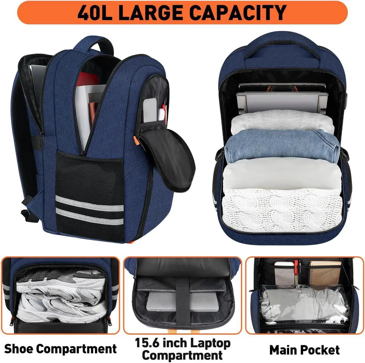 Alt view image 3 of 5 - Ytonet Gym Backpack for Men Women, Travel Backpack with USB Charging Port, Water Resistant Workout Gym Bag Lightweight Backpack Fit 15.6 Inch Laptop, Sports, Camping, Hiking, Dark Blue