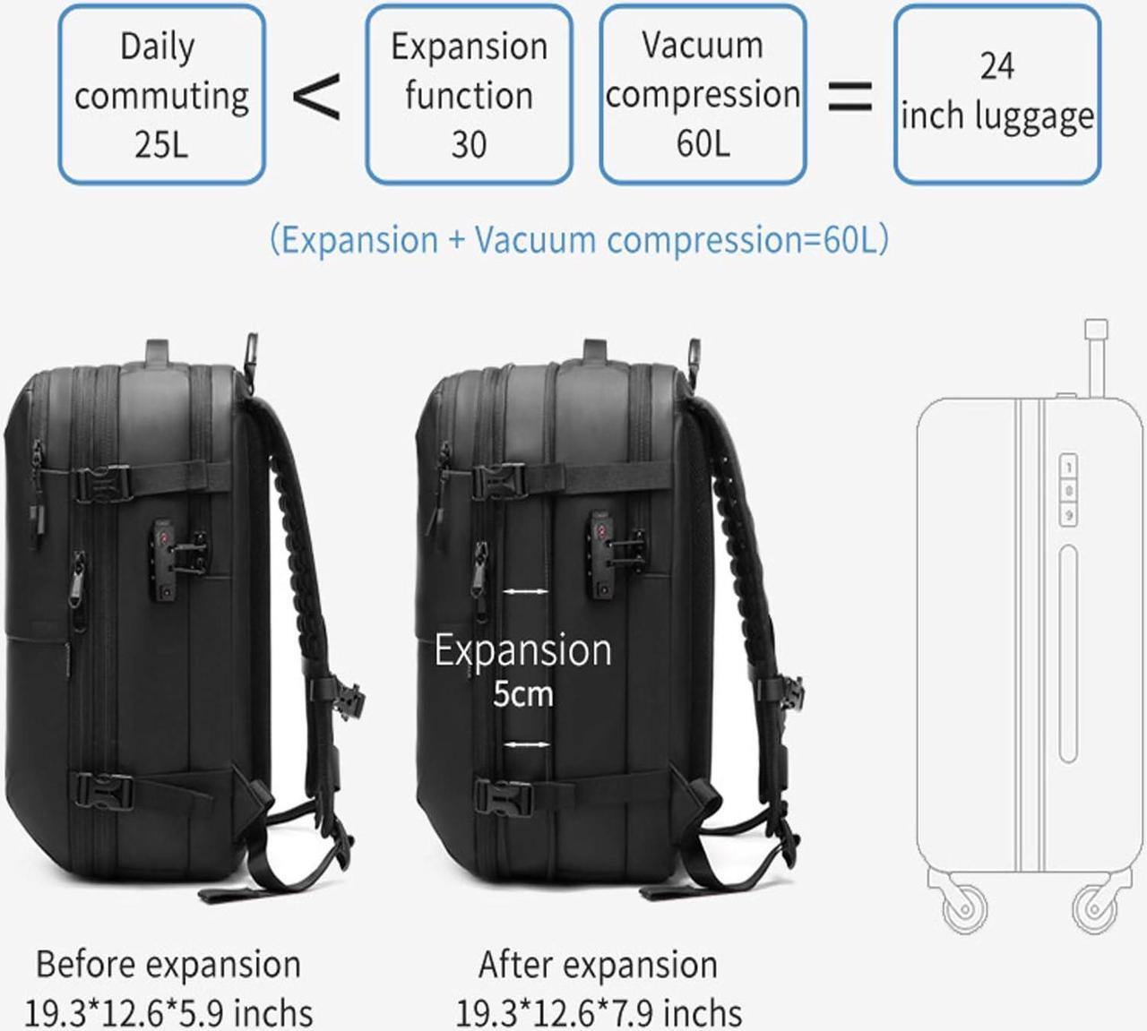 Alt view image 4 of 5 - Visnalefry 60L Airback Backpacks Expandable Travel Backpack Vacuum Compression Carry on BackPack Anti-theft Waterproof 17inch Laptop Bag