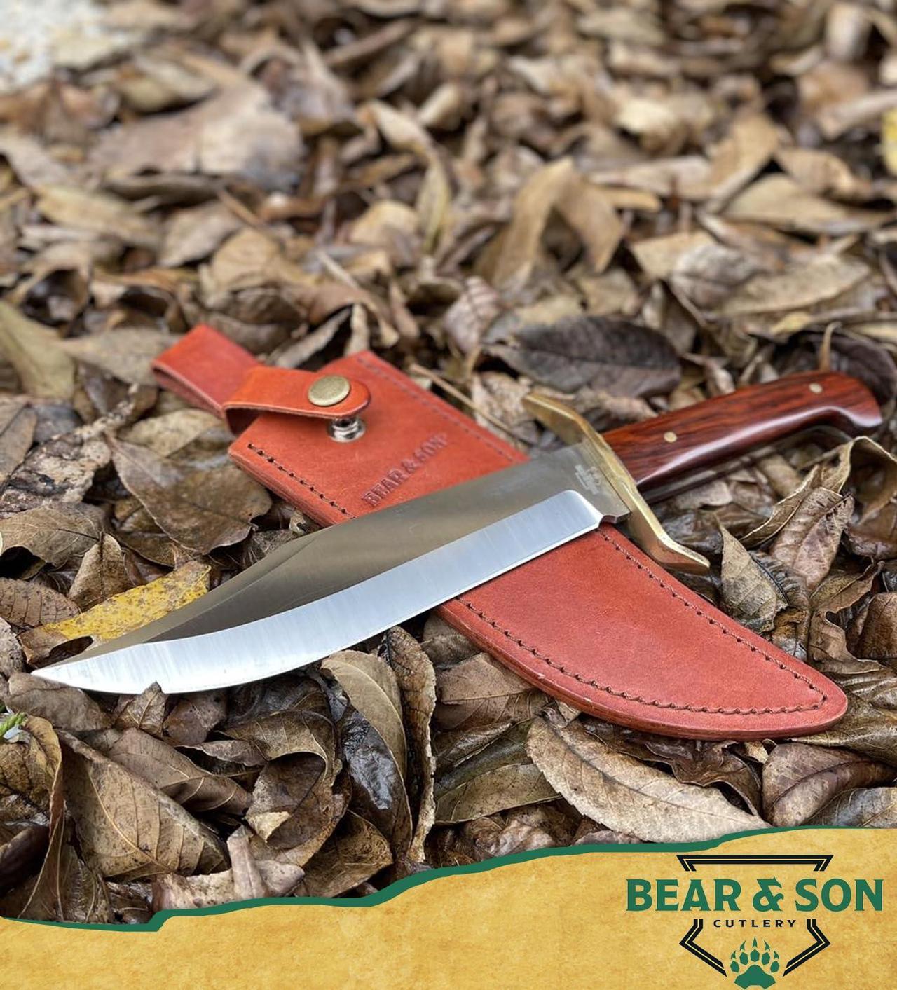 Alt view image 2 of 3 - Bear & Son CB00 3/4 12" Cocobola Gold Rush Bowie with Leather Sheath