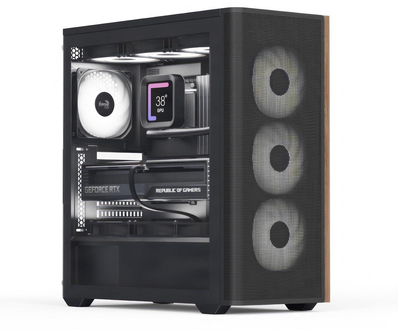 Main image of AeroCool D501A Mid Tower Case, Wood-Accented Mesh Front, 360mm Radiator Support, 11 Fan Slots, 400mm GPU, ATX/m-ATX/Mini-ITX, Magnetic Dust Filters, SPCC Steel Construction, Trendy PC Build, Black