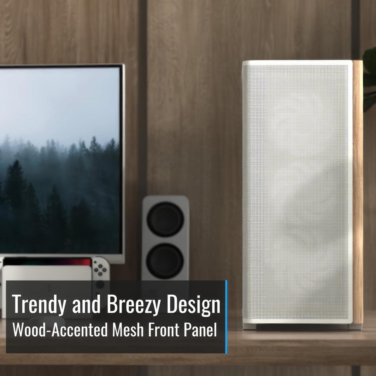 Alt view image 3 of 5 - AeroCool D501A Mid Tower Case, Wood-Accented Mesh Front, 360mm Radiator Support, 11 Fan Slots, 400mm GPU, ATX/m-ATX/Mini-ITX, Magnetic Dust Filters, SPCC Steel Construction, Trendy PC Build, Black