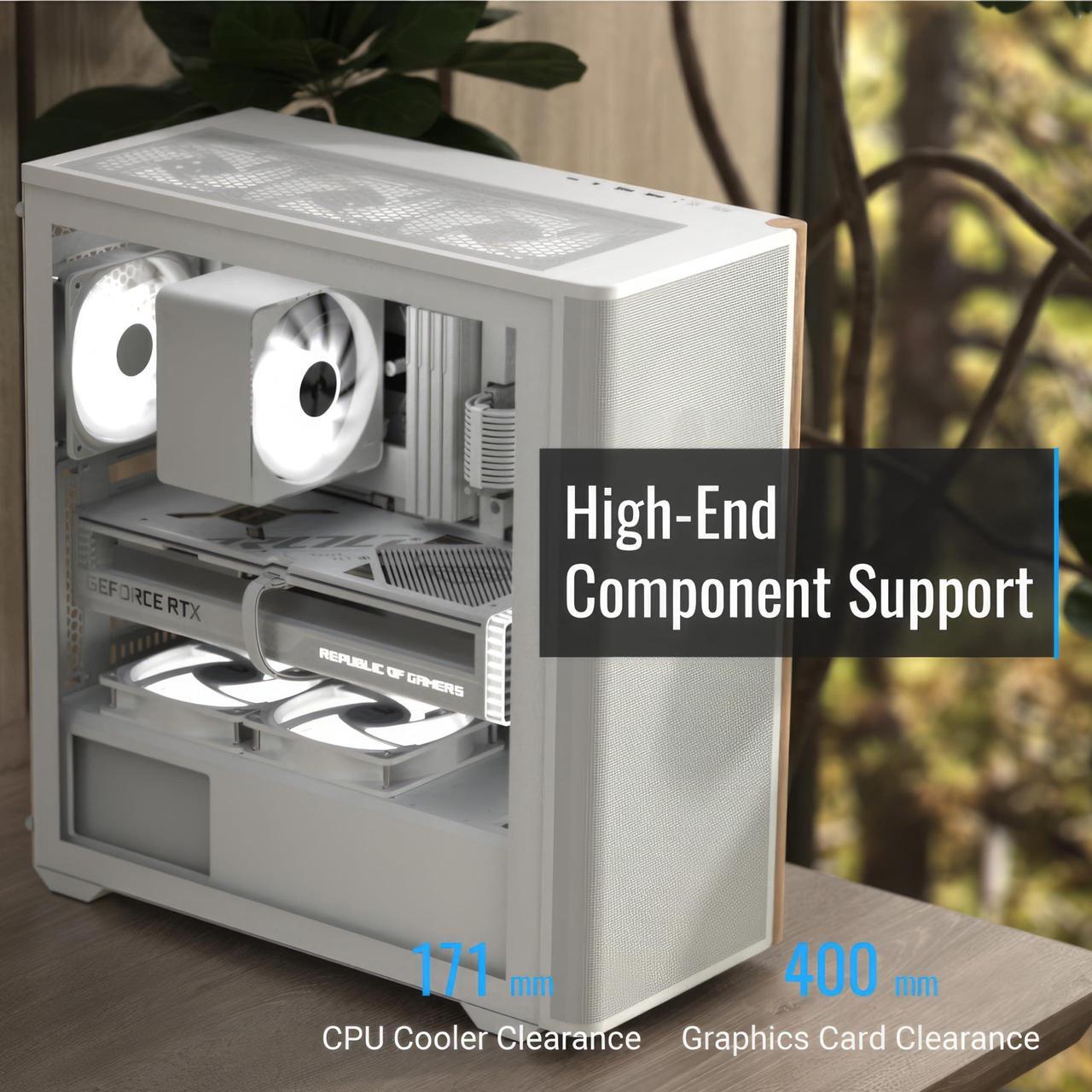 Alt view image 5 of 5 - AeroCool D501A Mid Tower Case, Wood-Accented Mesh Front, 360mm Radiator Support, 11 Fan Slots, 400mm GPU, ATX/m-ATX/Mini-ITX, Magnetic Dust Filters, SPCC Steel Construction, Trendy PC Build, Black