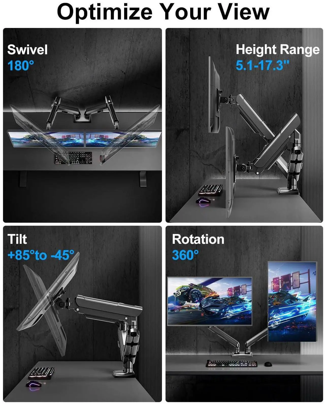 Alt view image 5 of 5 - Dual Monitor Mount Fits 13 to 32 Inch Computer Screen, Dual Monitor Arm Hold up to 22lbs Each, Full Motion Monitor Desk Mounts for 2 Monitors, Gas Spring Monitor Stand, VESA Mount, Freelift Pro