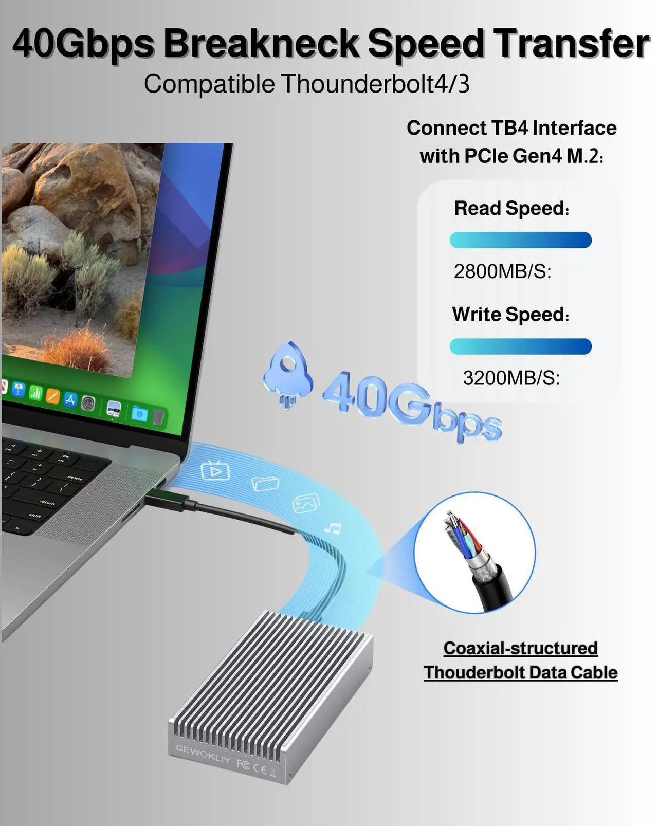 Alt view image 2 of 5 - GEWOKLIY Noiseless 40Gbps M.2 NVMe Enclosure, USB C Aluminum External SSD Enclosure Compatible Thunderbolt4/3 8TB SSD Adapter, PCIe Gen4 M.2 SSD Reader Fits 2280/2260/2242/2230mm M B+M Key (Silver)