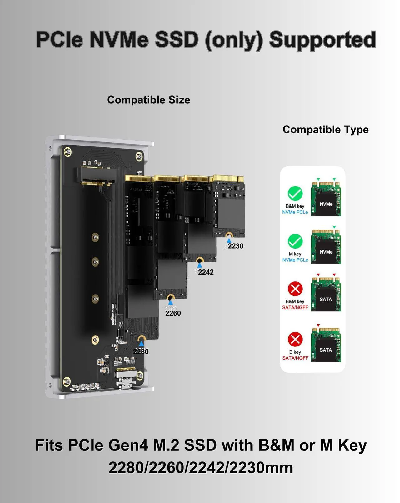 Alt view image 5 of 5 - GEWOKLIY Noiseless 40Gbps M.2 NVMe Enclosure, USB C Aluminum External SSD Enclosure Compatible Thunderbolt4/3 8TB SSD Adapter, PCIe Gen4 M.2 SSD Reader Fits 2280/2260/2242/2230mm M B+M Key (Silver)