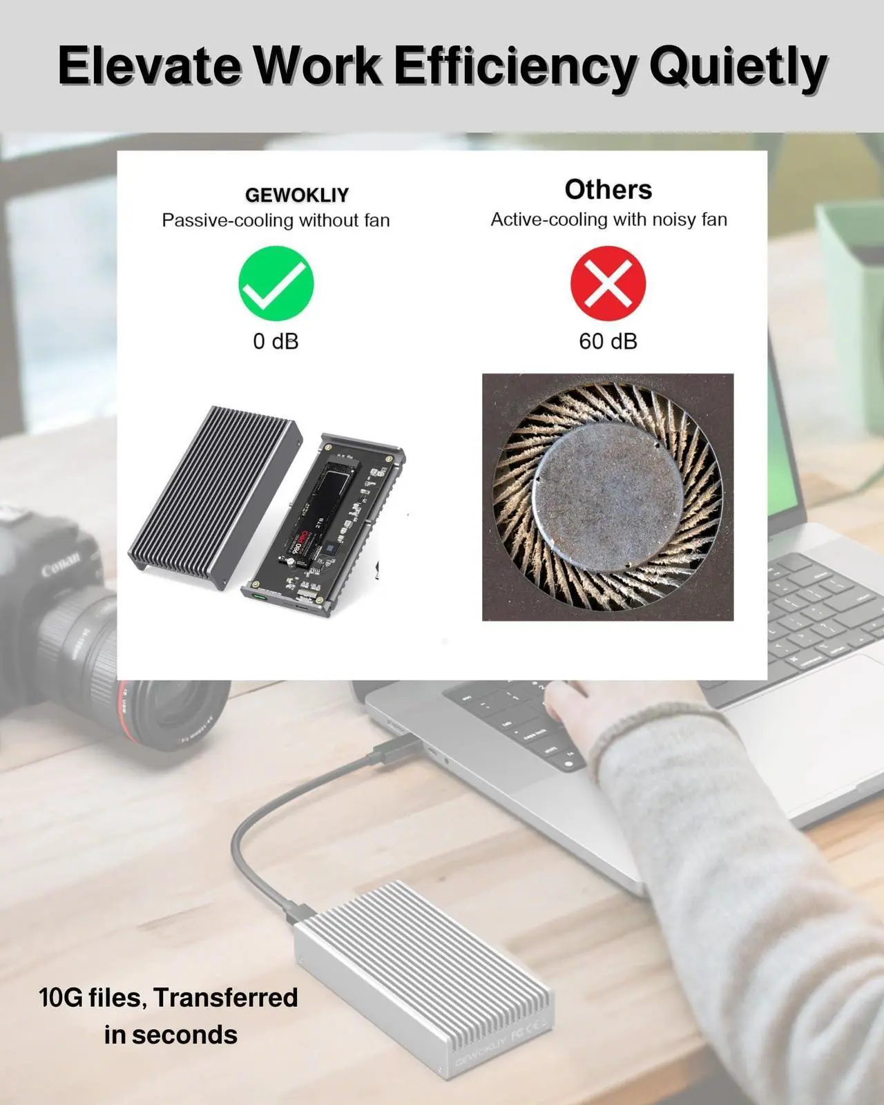 Alt view image 4 of 5 - GEWOKLIY Noiseless 40Gbps M.2 NVMe Enclosure, USB C Aluminum External SSD Enclosure Compatible Thunderbolt4/3 8TB SSD Adapter, PCIe Gen4 M.2 SSD Reader Fits 2280/2260/2242/2230mm M B+M Key (Silver)