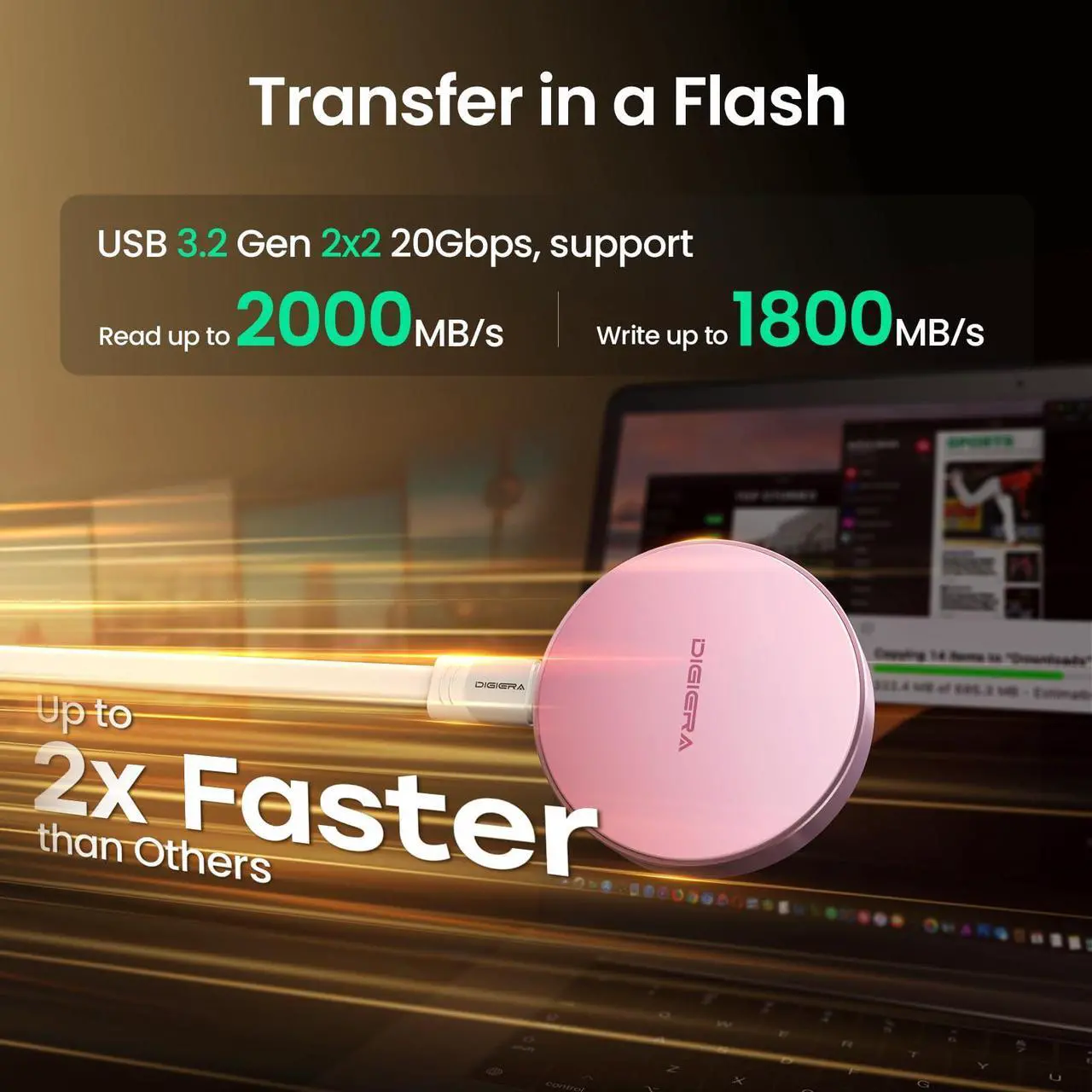 Alt view image 3 of 5 - DIGIERA 1TB Magnetic Portable SSD, External SSD with Type-C USB 3.2 Gen 2x2, Speeds Up to 2000MB/s, Compact & Durable, Ideal for Content Creators, Photographers, Gamers, Pink