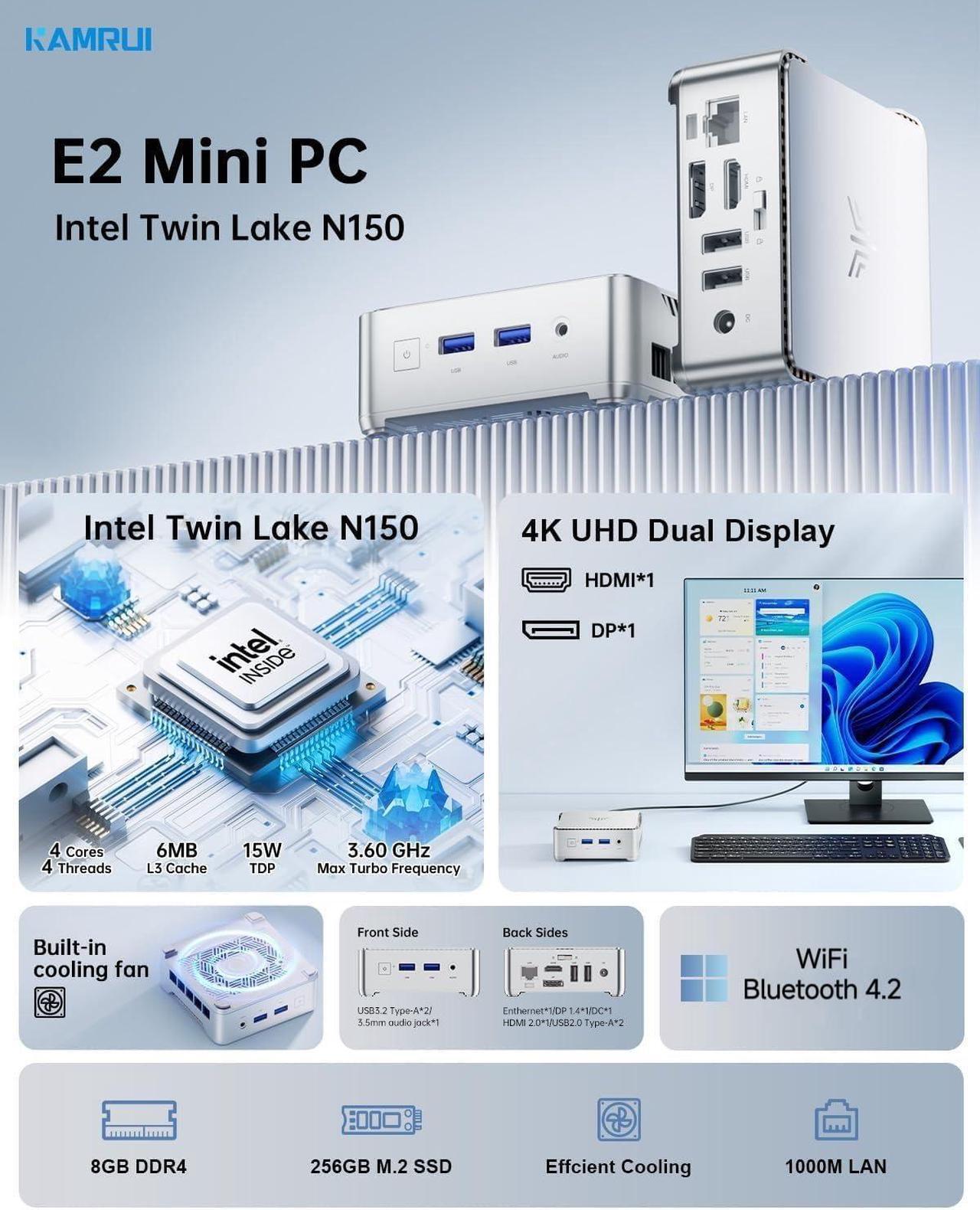 Alt view image 3 of 5 - KAMRUI Essenx E2 Mini PC,W-11 Pro 12th Twin Lake N150 Mini PC(up to 3.6GHz),8GB DDR 256GB M.2 SSD Micro PC,Support DP 4K Triple Display,WiFi,BT,VESA,Gigabit Ethernet Desktop Computer pc Office