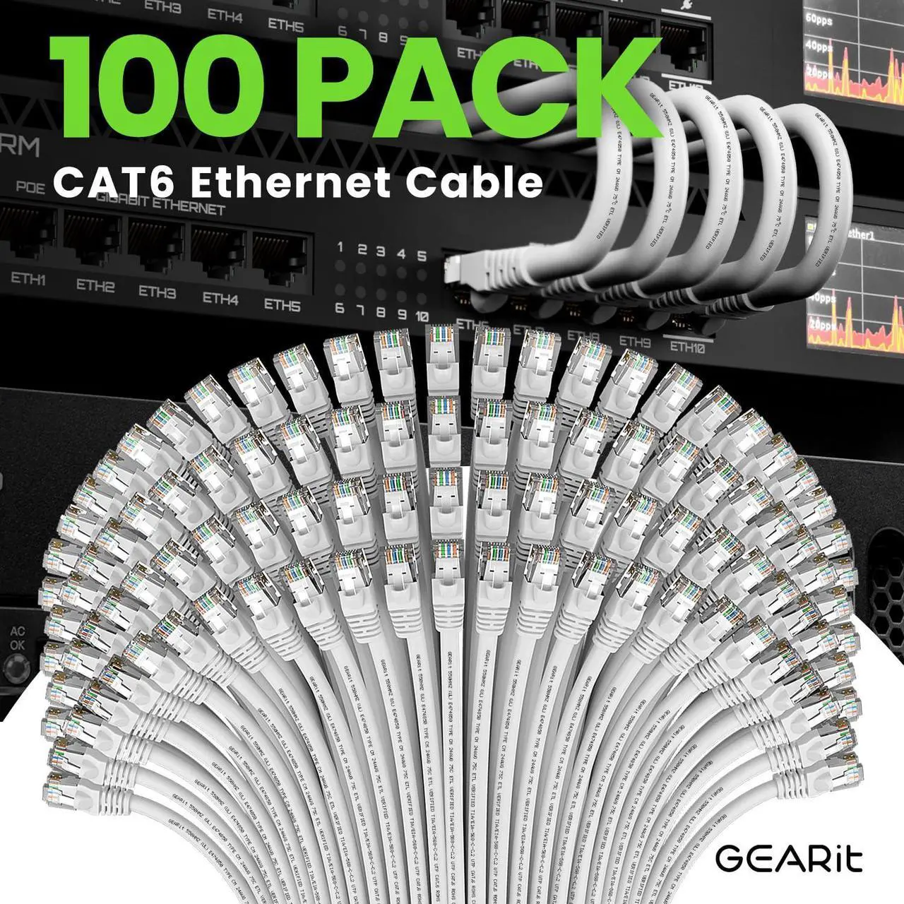 Alt view image 2 of 5 - GEARit Cat 6 Ethernet Cable (100-Pack 0.5 Feet) Cat6 Network Patch, 10Gbps, RJ45, Snagless Cord, Gold-Plated Connectors, Internet for PC, TV, Tablet, Router, Printer, Servers, IT Data Center - White