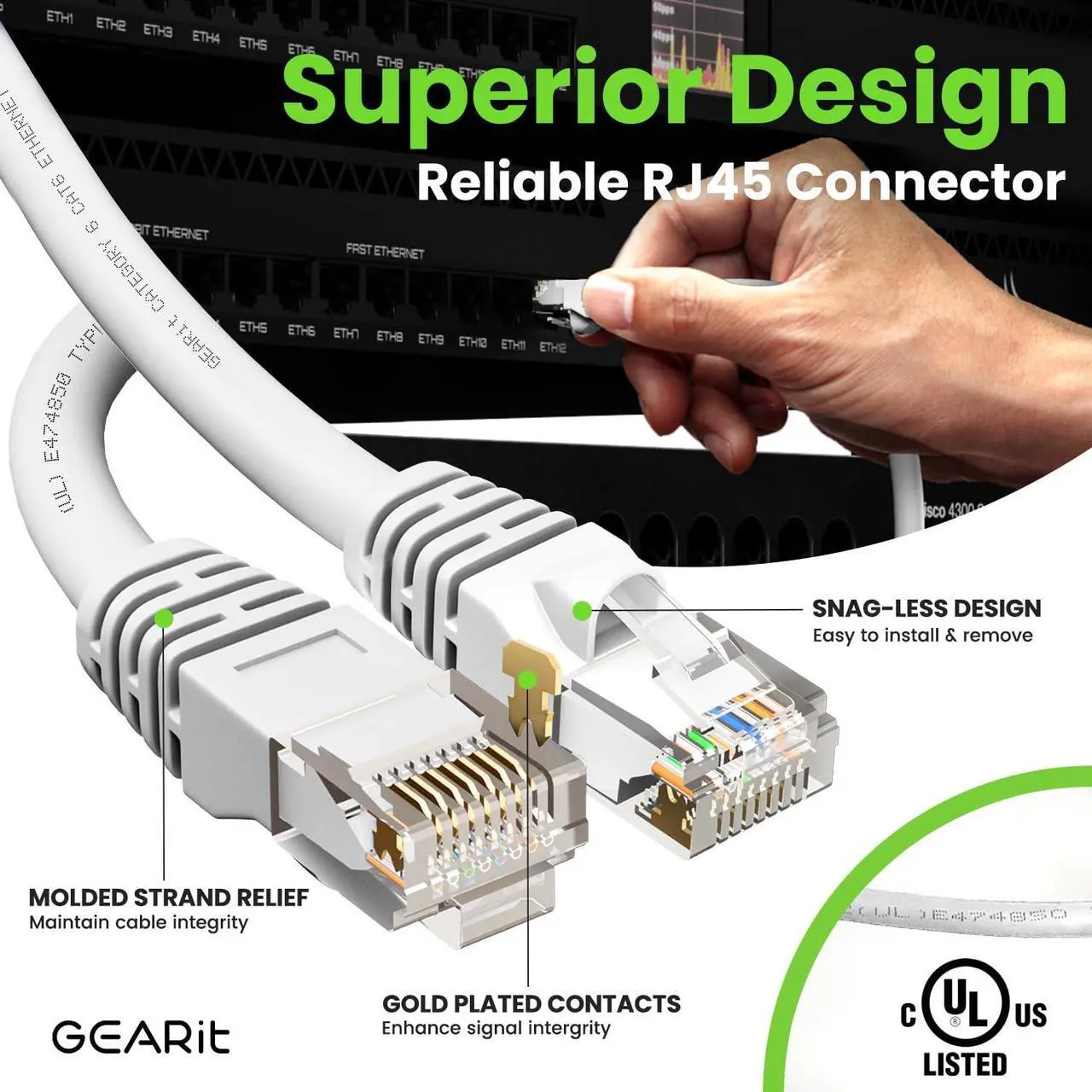 Alt view image 4 of 5 - GEARit Cat 6 Ethernet Cable (100-Pack 0.5 Feet) Cat6 Network Patch, 10Gbps, RJ45, Snagless Cord, Gold-Plated Connectors, Internet for PC, TV, Tablet, Router, Printer, Servers, IT Data Center - White