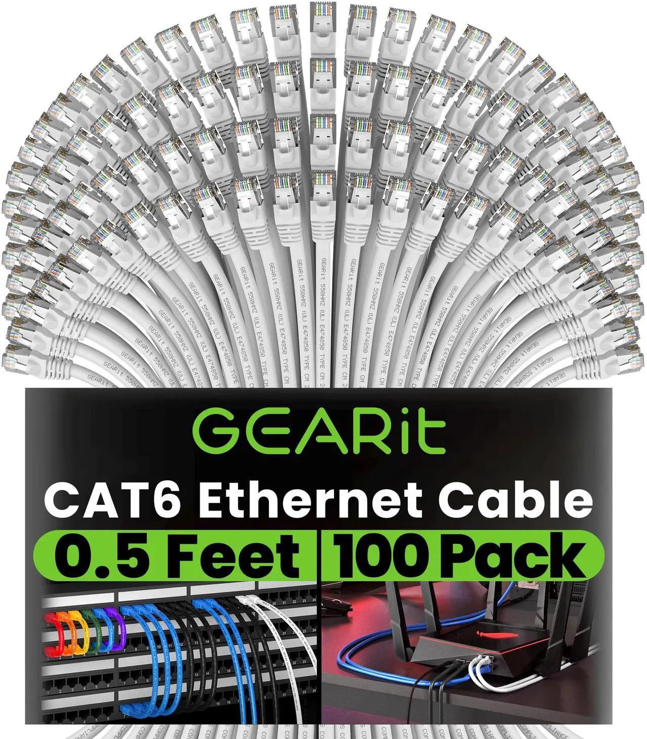 Main image of GEARit Cat 6 Ethernet Cable (100-Pack 0.5 Feet) Cat6 Network Patch, 10Gbps, RJ45, Snagless Cord, Gold-Plated Connectors, Internet for PC, TV, Tablet, Router, Printer, Servers, IT Data Center - White