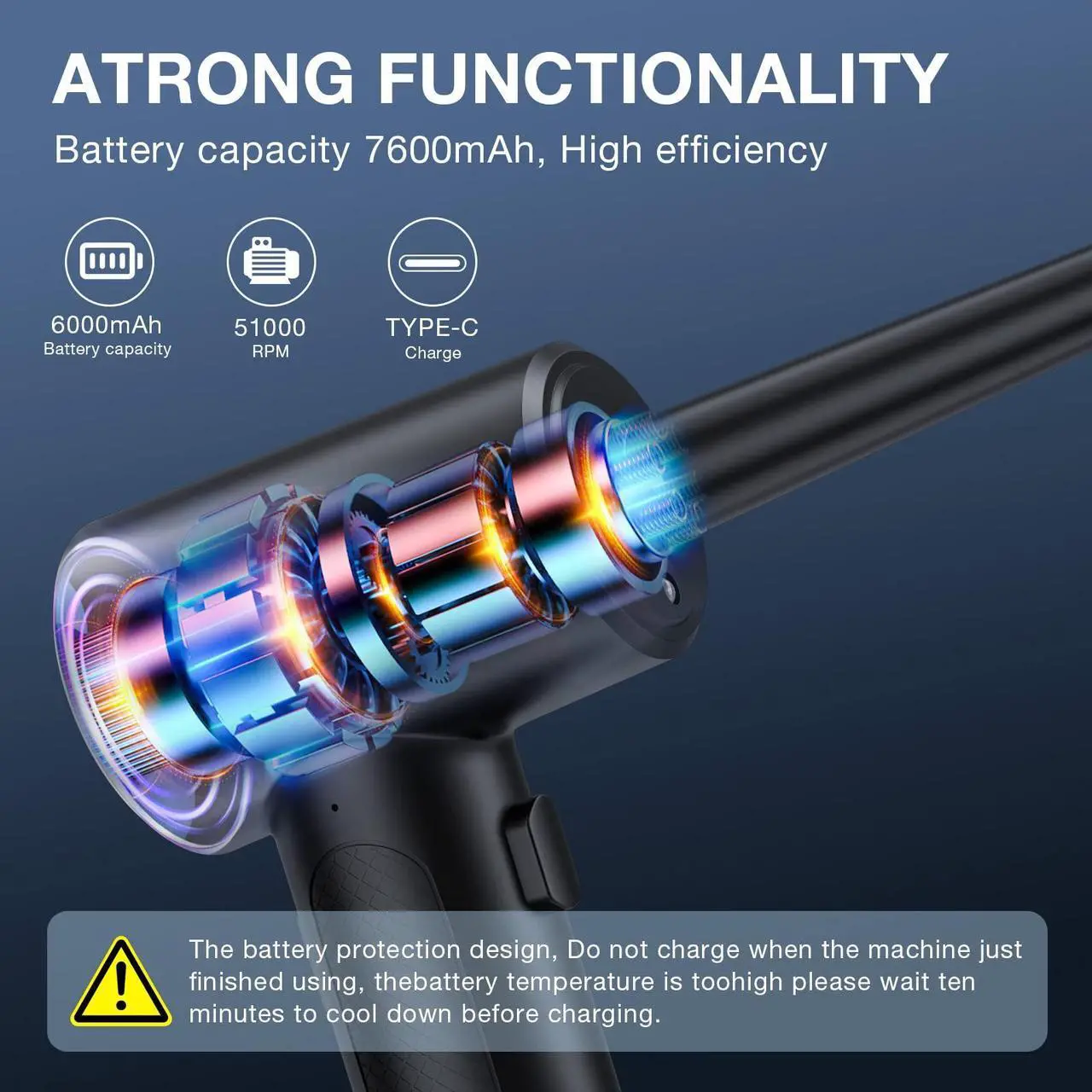 Alt view image 3 of 5 - Compressed Air Duster, 3 Gear to 51000RPM Cordless Electric Air Duster, 6000mAh Rechargeable Air Blower with LED Light for Laptop Computer Keyboard Cleaning Pet Hair Replaces Compressed Air Can (68W)