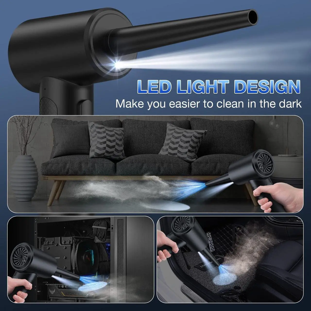 Alt view image 5 of 5 - Compressed Air Duster, 3 Gear to 51000RPM Cordless Electric Air Duster, 6000mAh Rechargeable Air Blower with LED Light for Laptop Computer Keyboard Cleaning Pet Hair Replaces Compressed Air Can (68W)