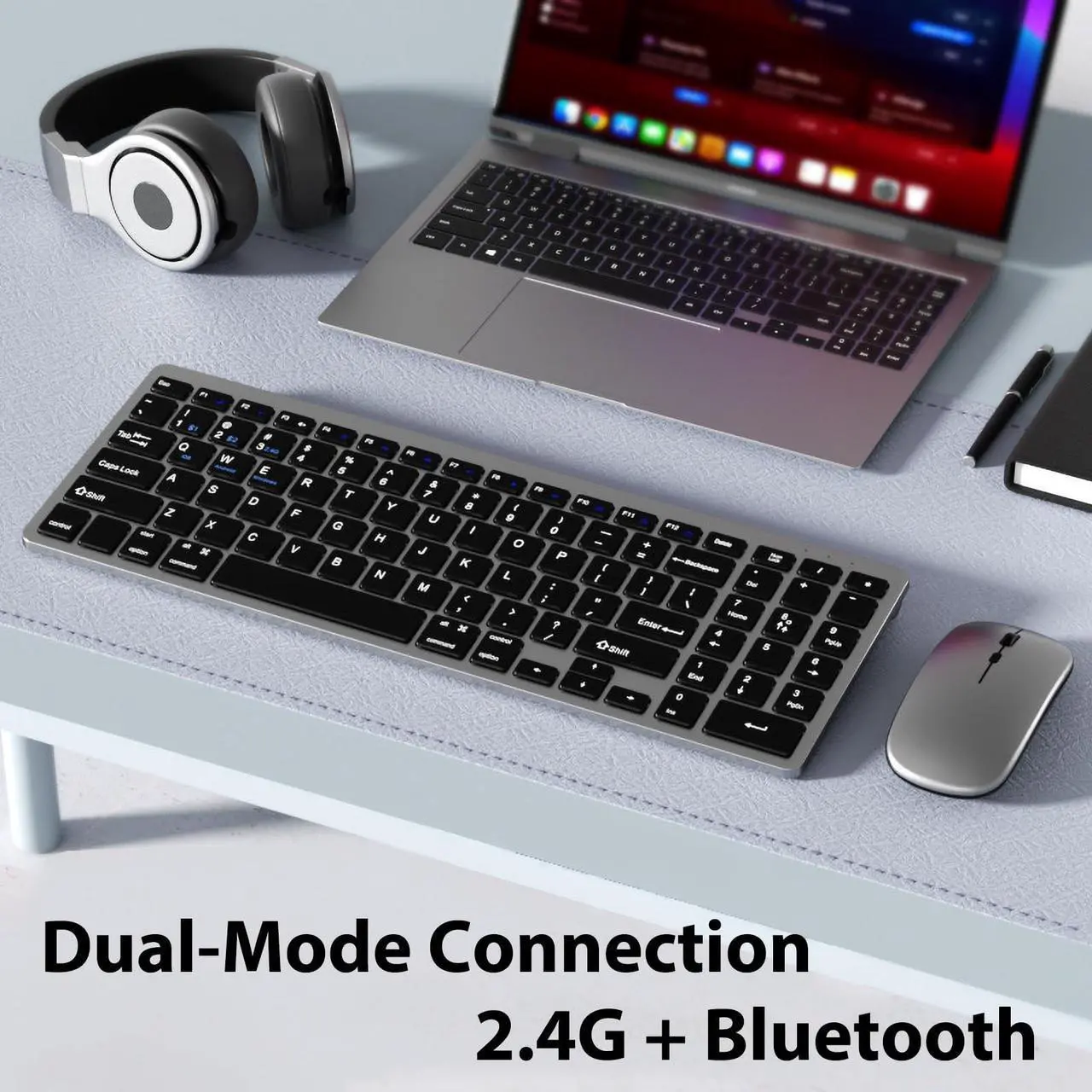 Alt view image 2 of 5 - LINKEET Dual-Mode Wireless Keyboard and Mouse Combo, Rechargeable 2.4G/Bluetooth Keyboard Mouse Set with USB A-C Adapter, Ultra Slim Compact Design Silent Keys for PC/Laptop/Win/Mac, Grey Black