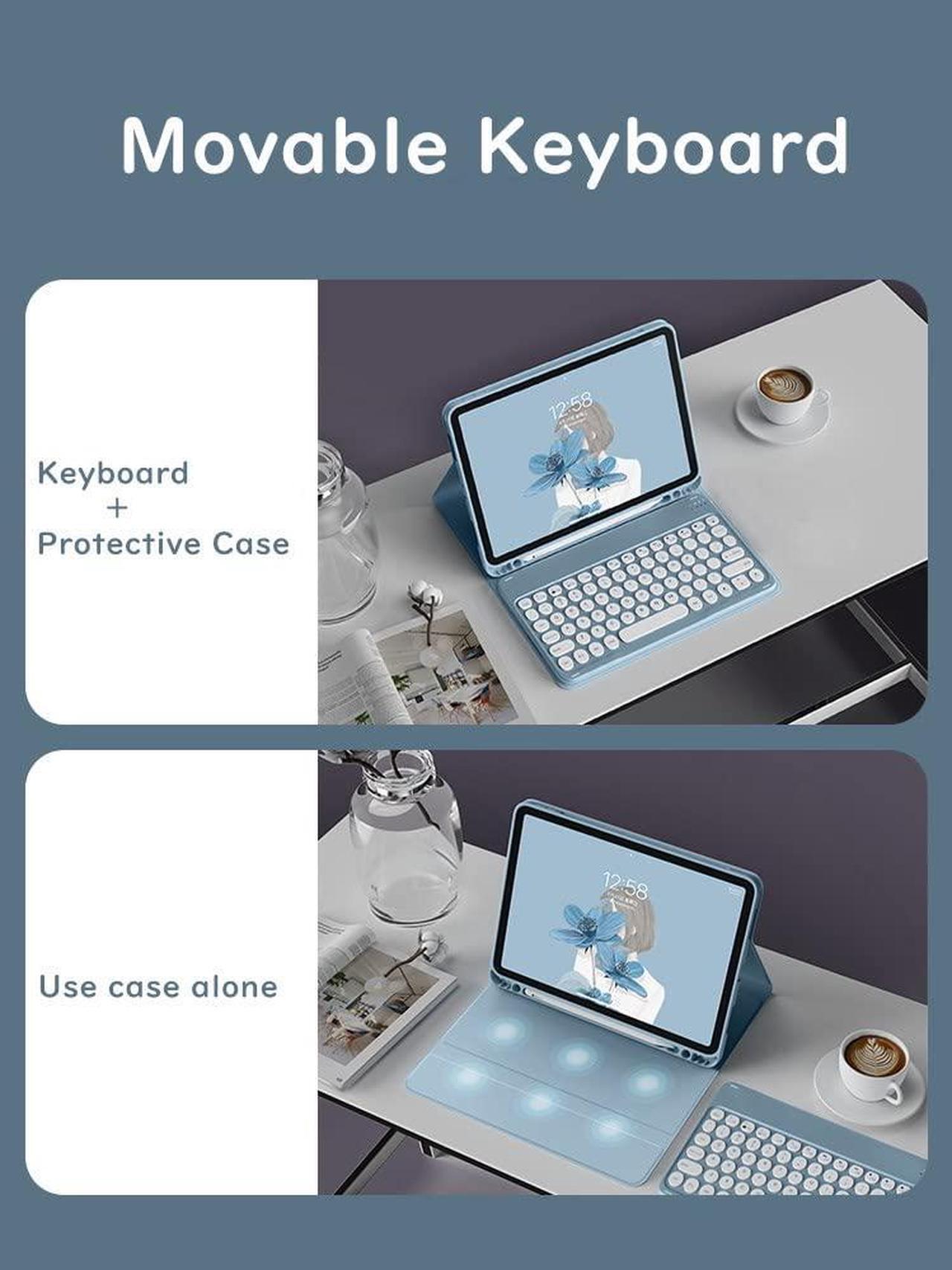 Alt view image 3 of 5 - HENGHUI Keyboard Case for Galaxy Tab A7 10.4" 2020 SM-T500/T505/T507 Cute Round Key Color Keyboard Wireless Detachable BT Keyboard Cover with S Pen Holder (MintGreen)