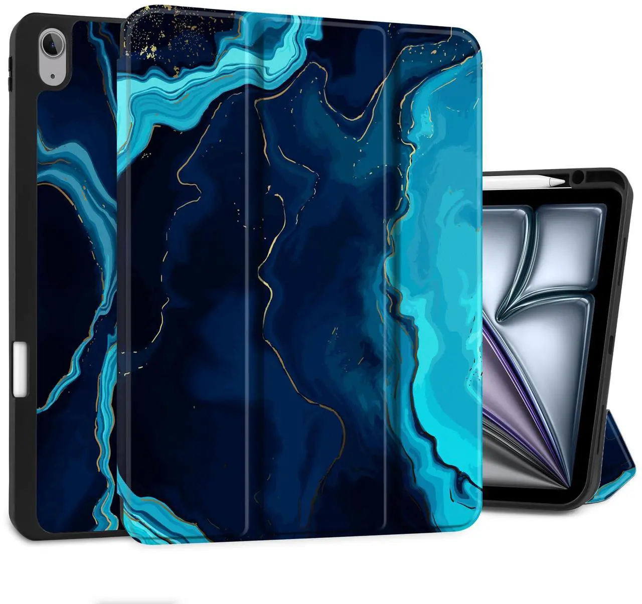 Main image of DONGKE for iPad Air 13 Inch Case M3 2025, M2 2024 - [Built-in Pencil Holder] Slim Trifold Stand Shockproof Protective Cover with Soft TPU Back Support Auto Sleep/Wake - Blue Marble